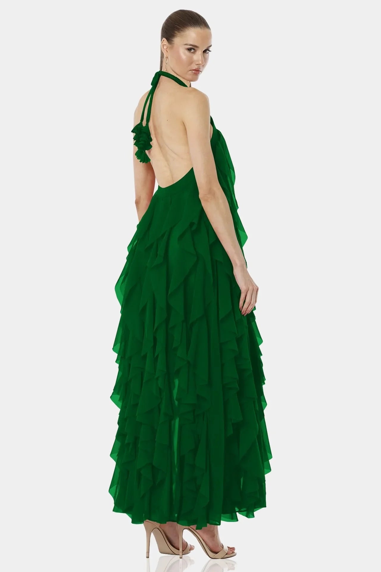 Green Ruffle Dress | Tiered Ruffle Dress | Long Maxi Dress | Qishma Large