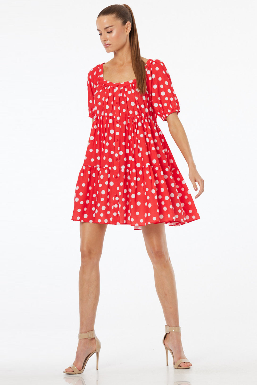 S Luxury Red Polka Dot Babydoll Mini Dress with Puff Sleeves