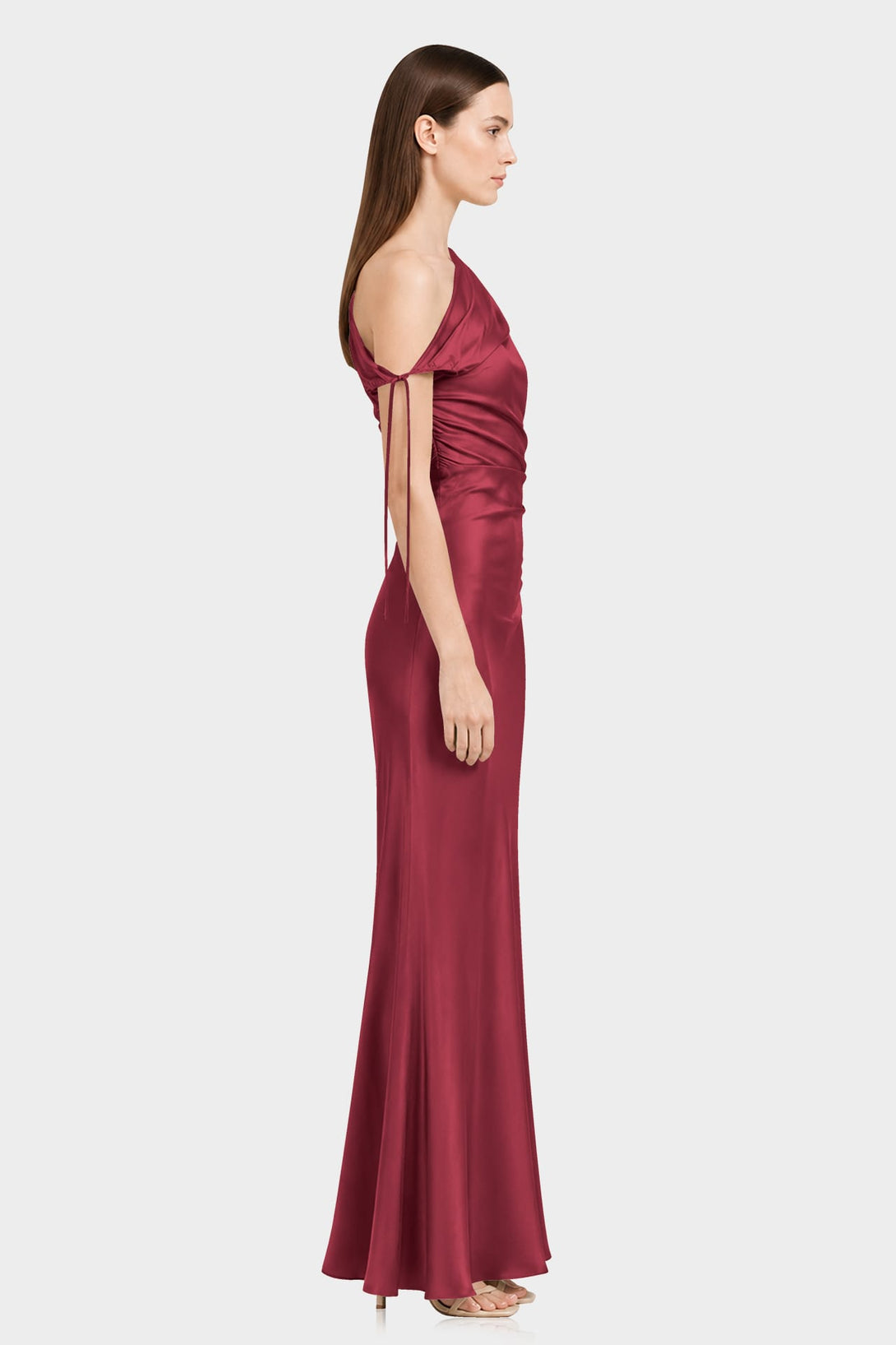 S Luxury Burgundy One Shoulder Stretch Satin Maxi Dress