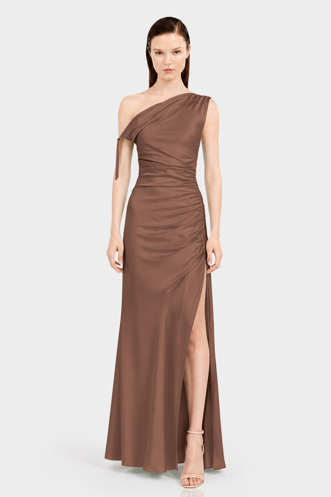 S Designer Chocolate Gathered Asymmetrical Neckline Maxi Occasion Dress