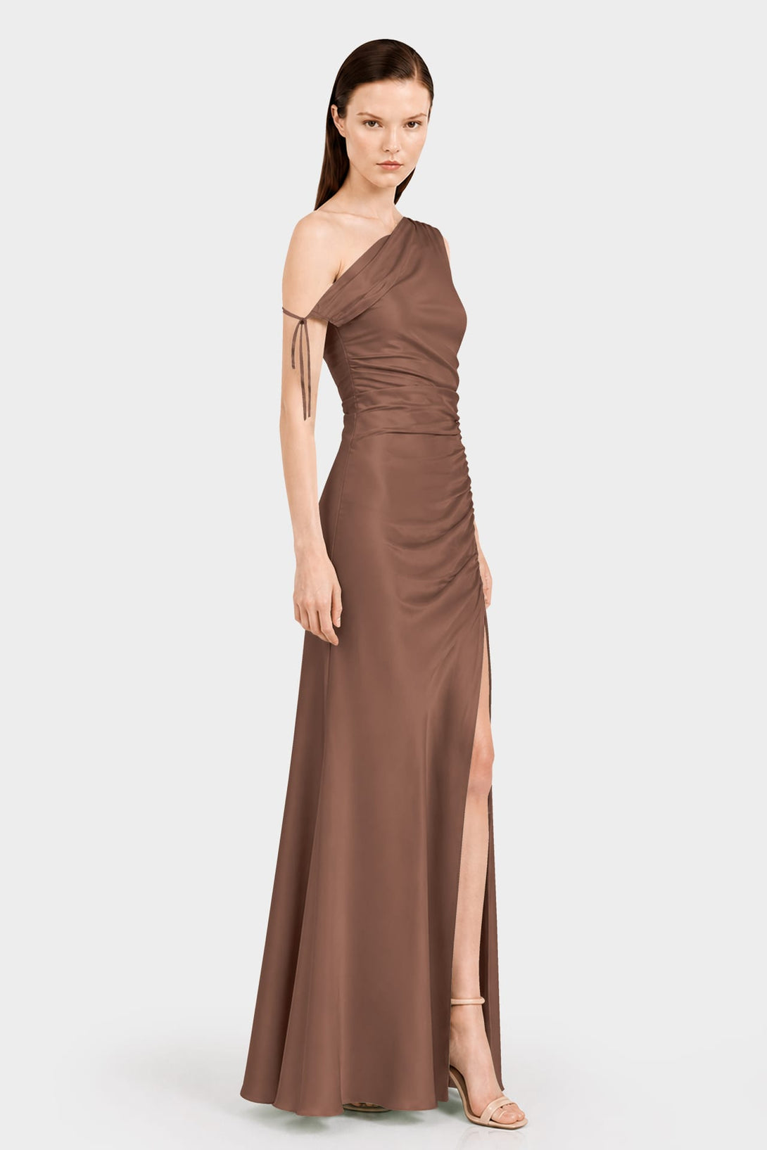 S Designer Chocolate Gathered Asymmetrical Neckline Maxi Occasion Dress