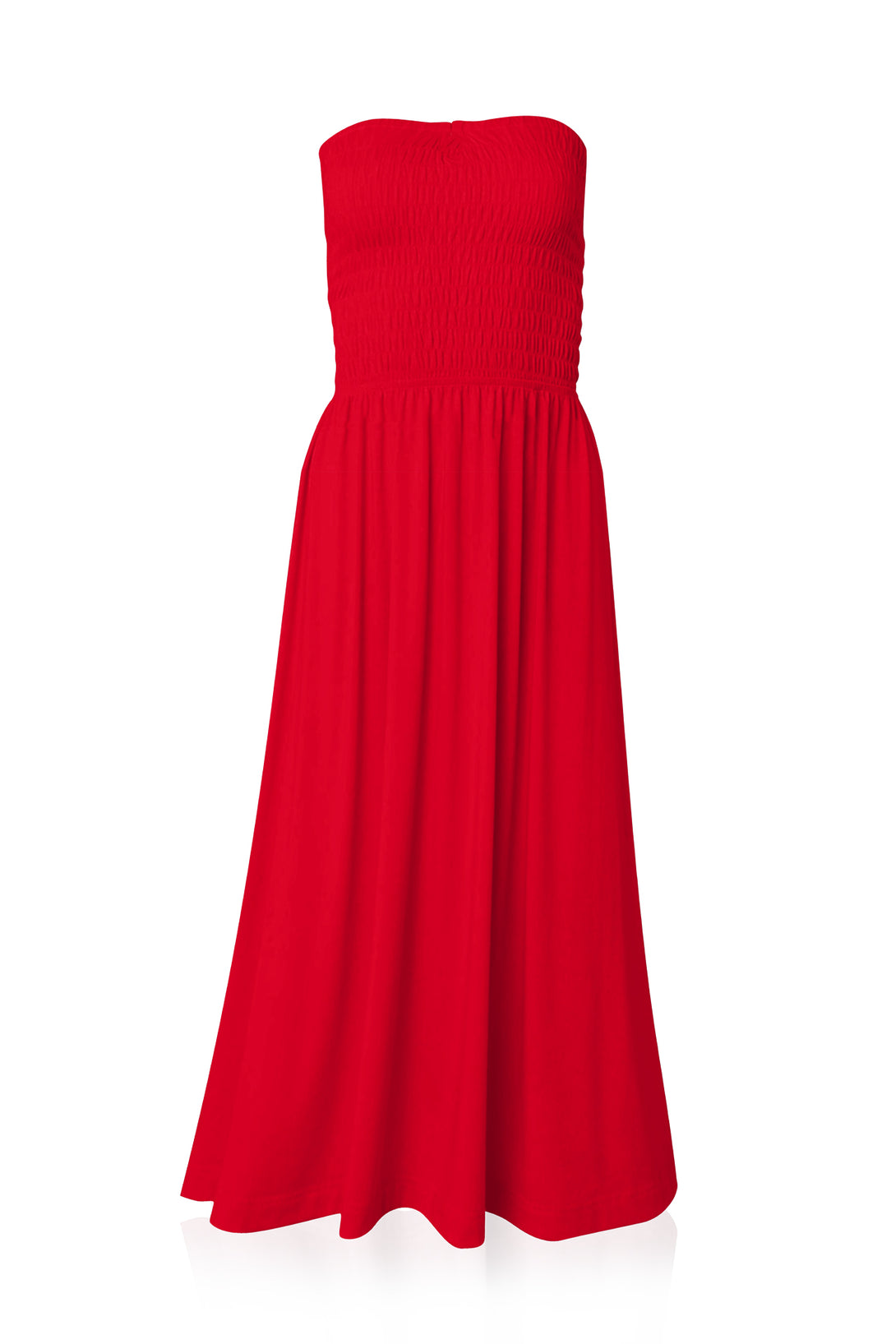 women’s dress, chic red, luxe midi, form flattering, bold style, feminine silhouette, modern chic, party wear, shahida parides