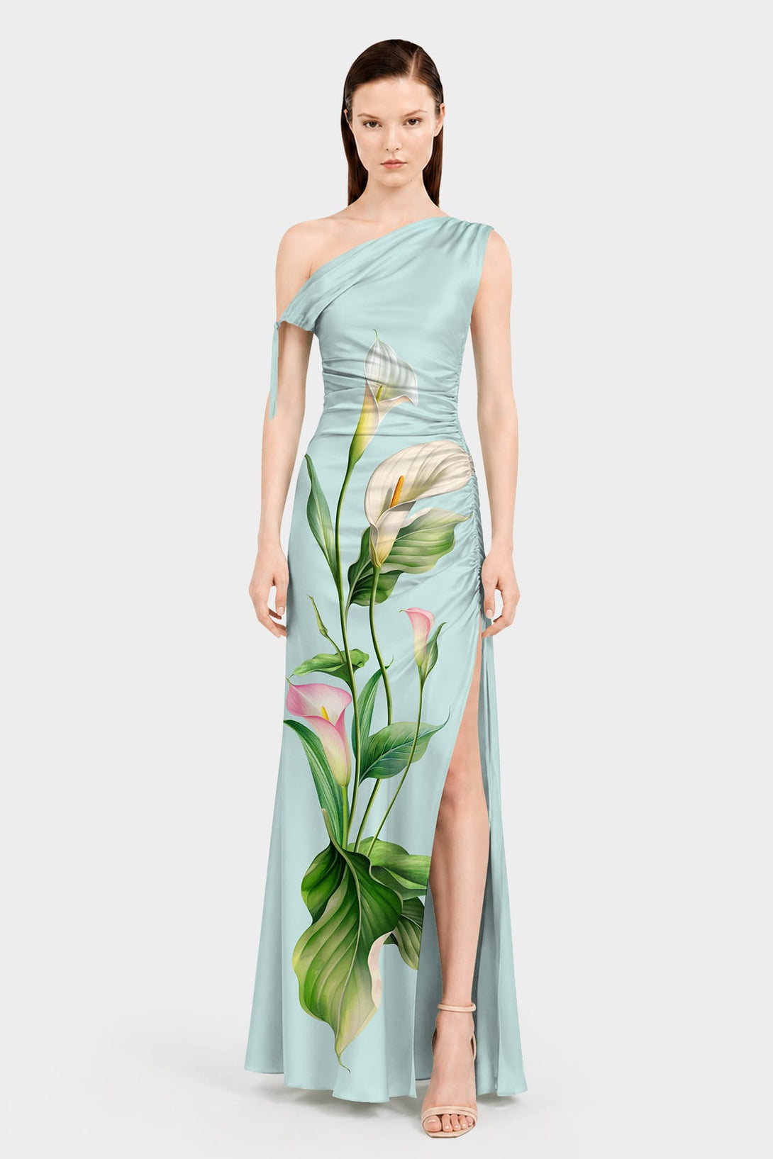 mint green floral bridesmaid dress S Designer One Shoulder Satin Size:16.5 / 36 Luxury Floral Dress Chinese dress Early 2000s Fashion Trends: