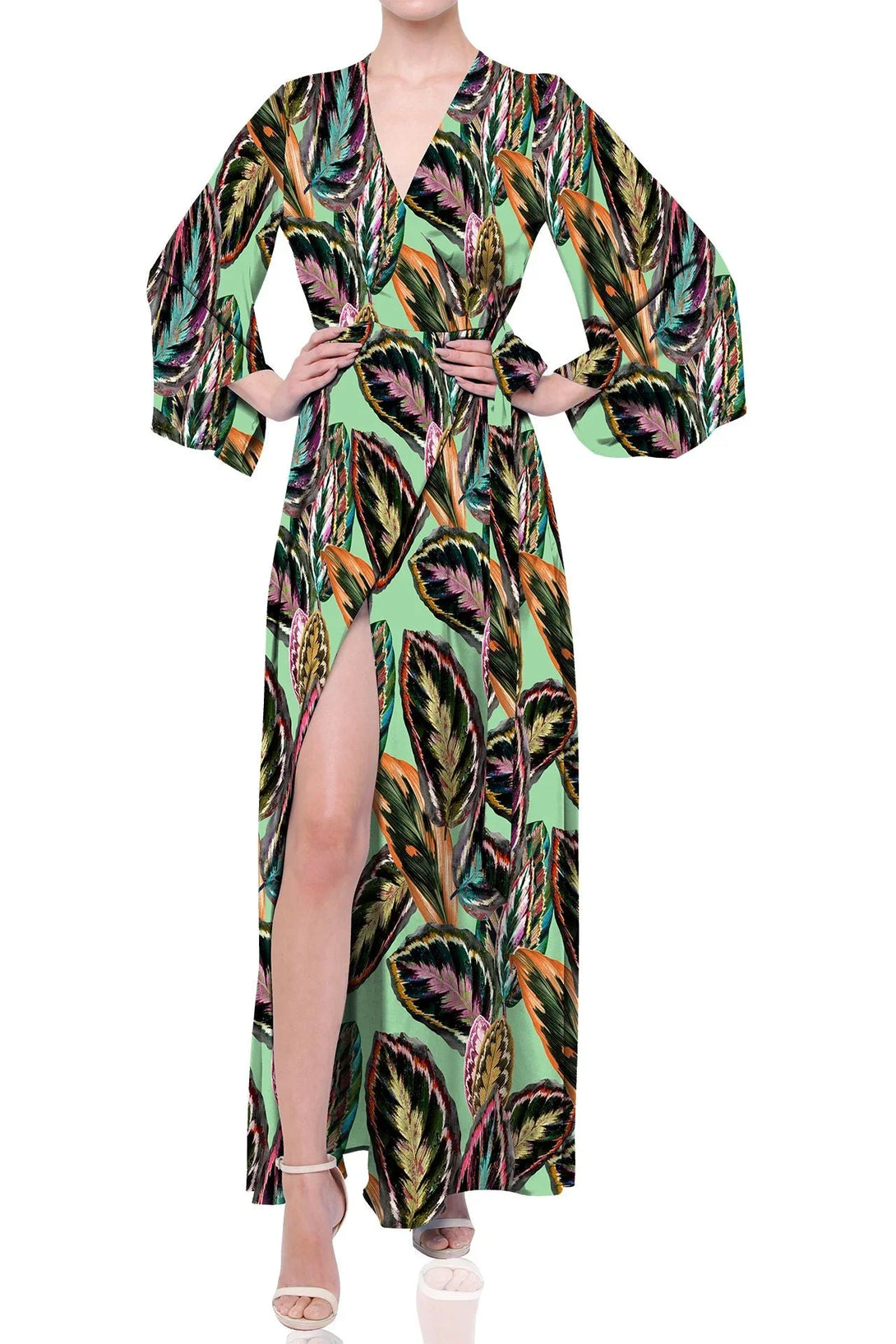 Leaf Print Sustainable Silk Wrap Dress in Green - Leaf Print Wrap Dress & Wrap Maxi Dress For Women Extra Large Leaf Print Sustainable Silk Wrap Dress in Green - Leaf Print Wrap Dress & Wrap Maxi Dress For Women Extra Large