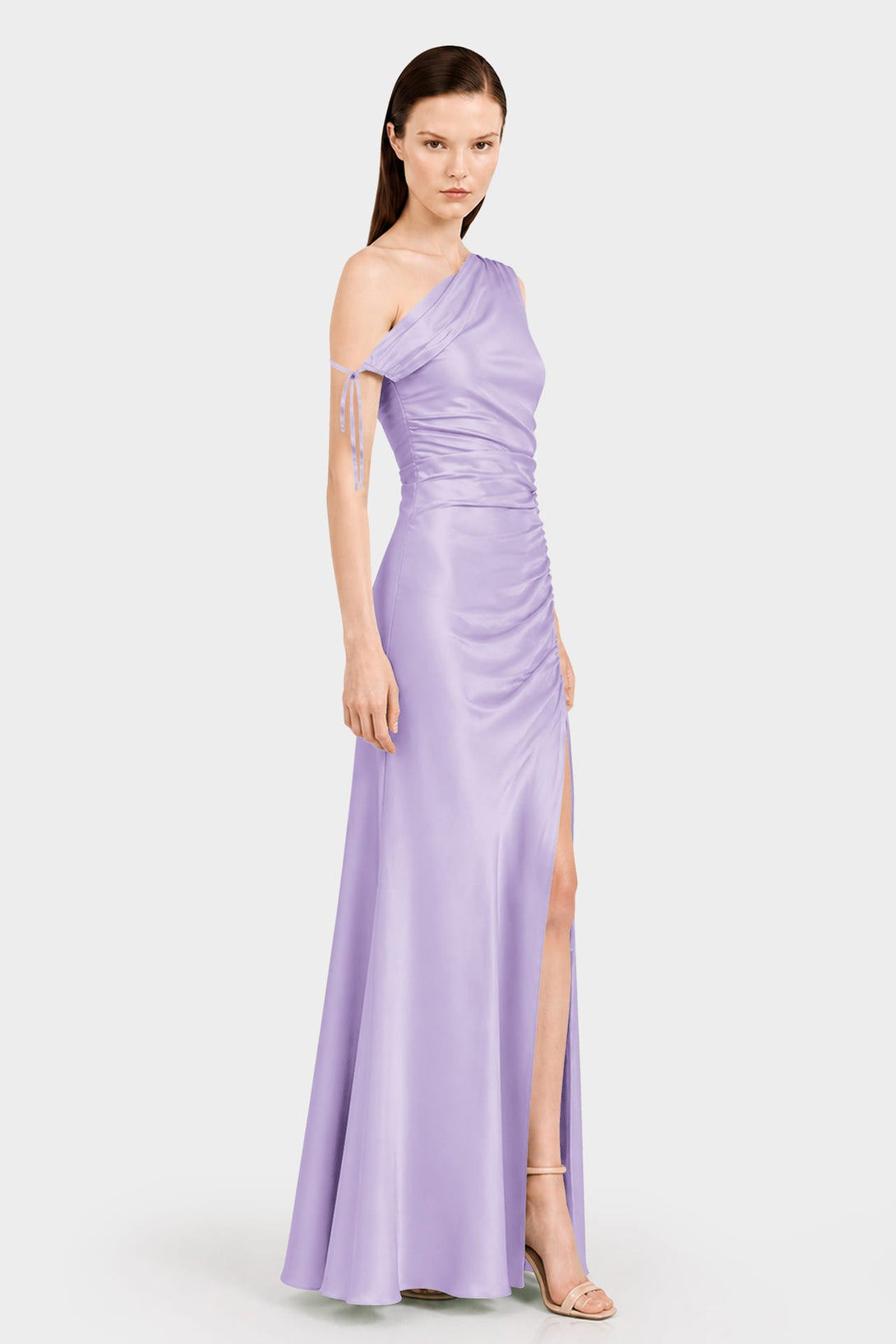 lavender maxi dress formal S Gathered Stretch Satin Bridesmaid American Traditional Dress creating a flattering and Colour:OMBRE Color-Black