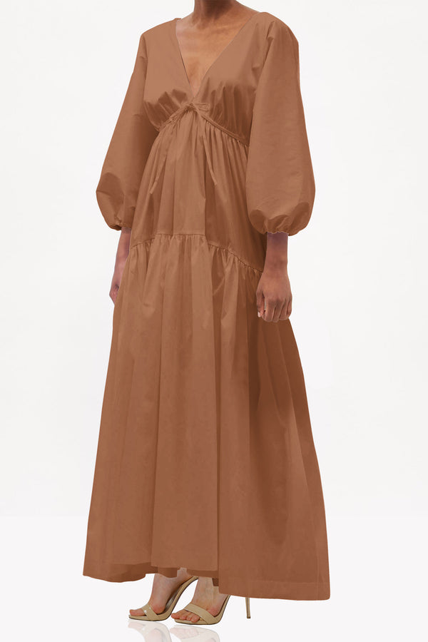 Designer Puff Sleeve Brown Maxi Dress