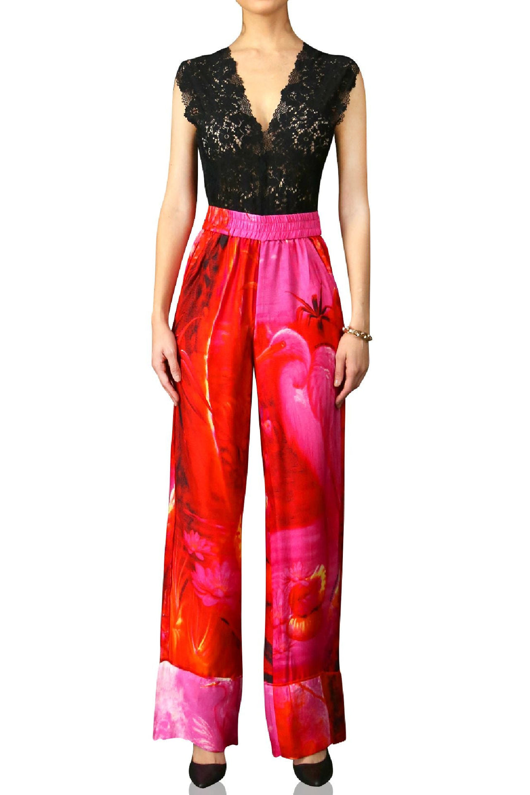 shahida-kyle-richards fashion, fuchsia silk straight, statement pants outfit, chic red blouse