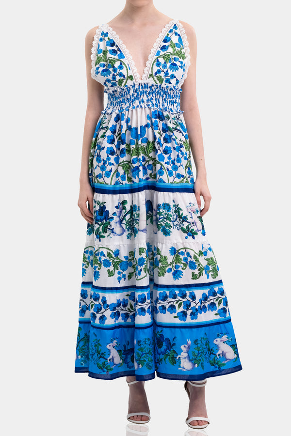 Blue Floral Cotton Maxi Dress