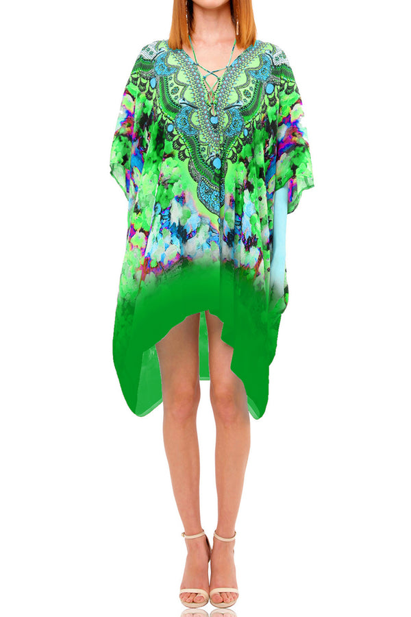 Green Flower Print Short Kaftan Dress