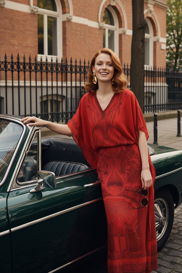 Red Convertible Lace Up Kaftan Dress