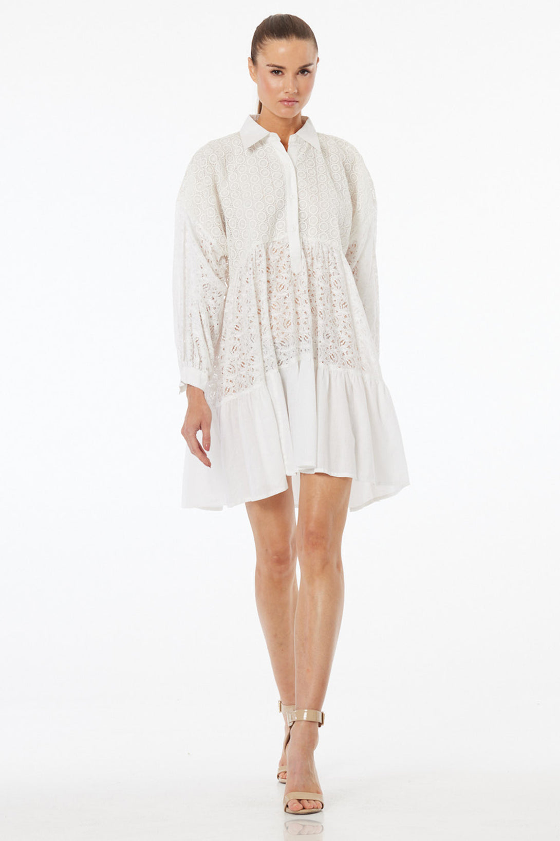white designer mini dress Luxury Lace Shirt with Ruffle Hem – Shahida Parides Color:Blue Indigo Stripe Gracefully Chic champagne bridesmaid dresses with Formal dresses the Moira mini is