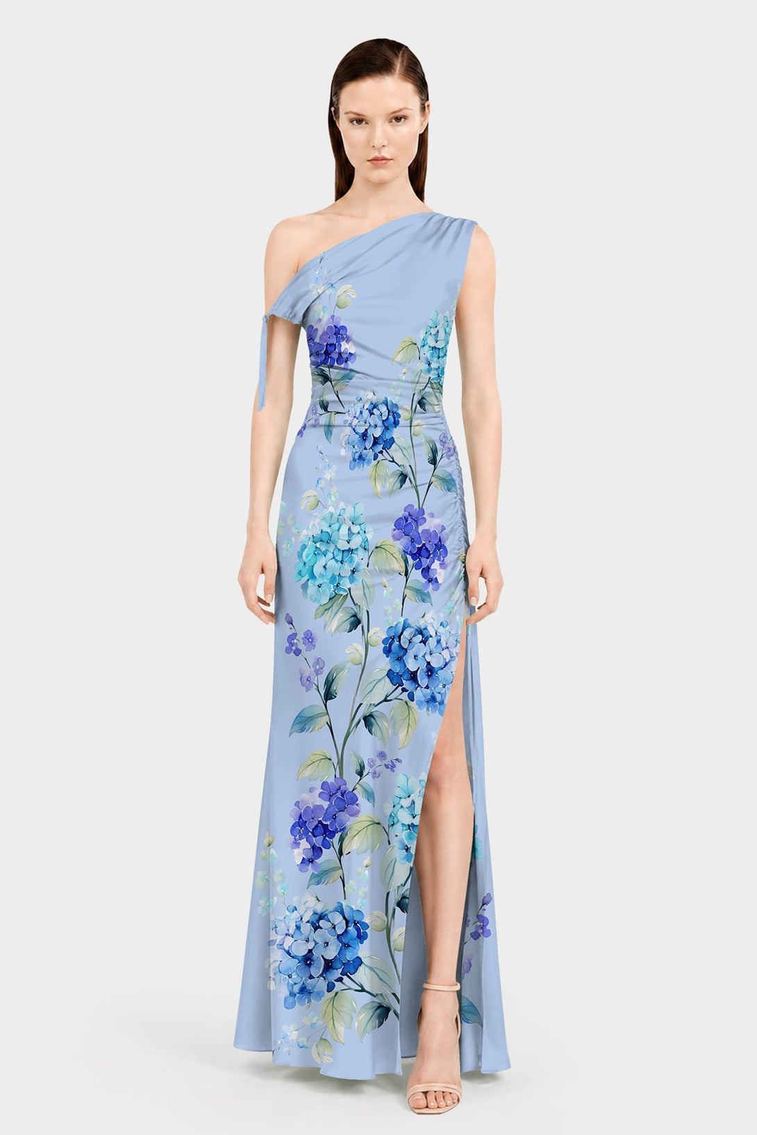 designer floral dress Blue Midi Summer with Short Puff Sleeves Blue Floral / Small blush pinks S Sky Blue Floral One