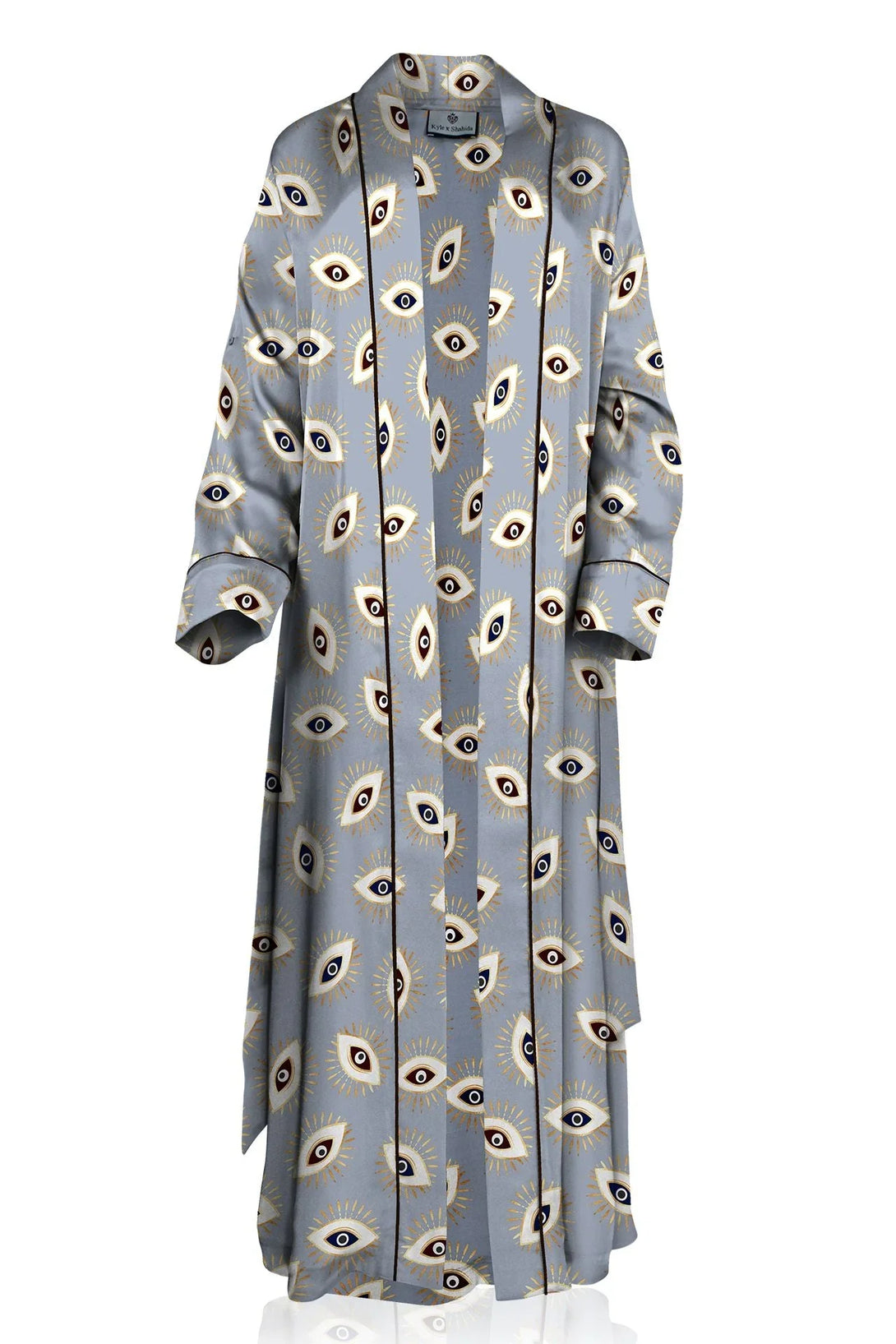 kyle-x-shahida, grey silk robe, designer kimono, luxury womenswear, long robe, satin wrap, elegant style