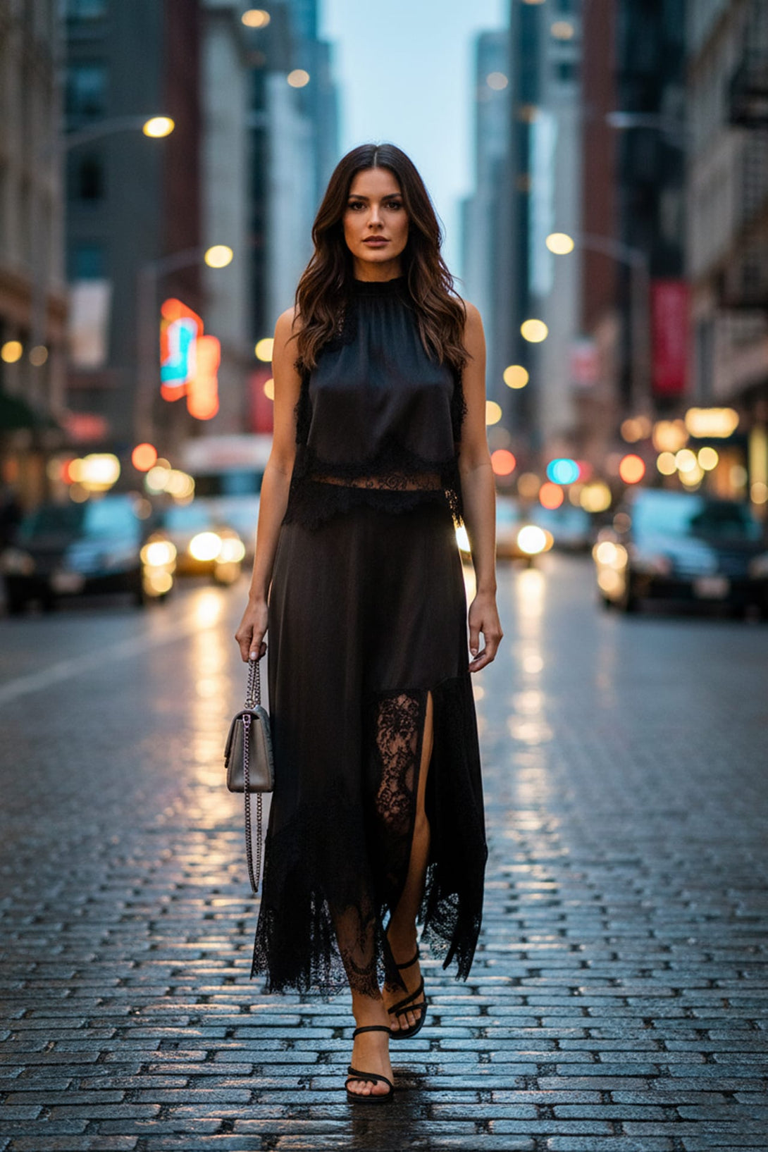 Shahida Parides,
lace-trim evening dress,
chic lace trim outfit,
lace border midi dress,