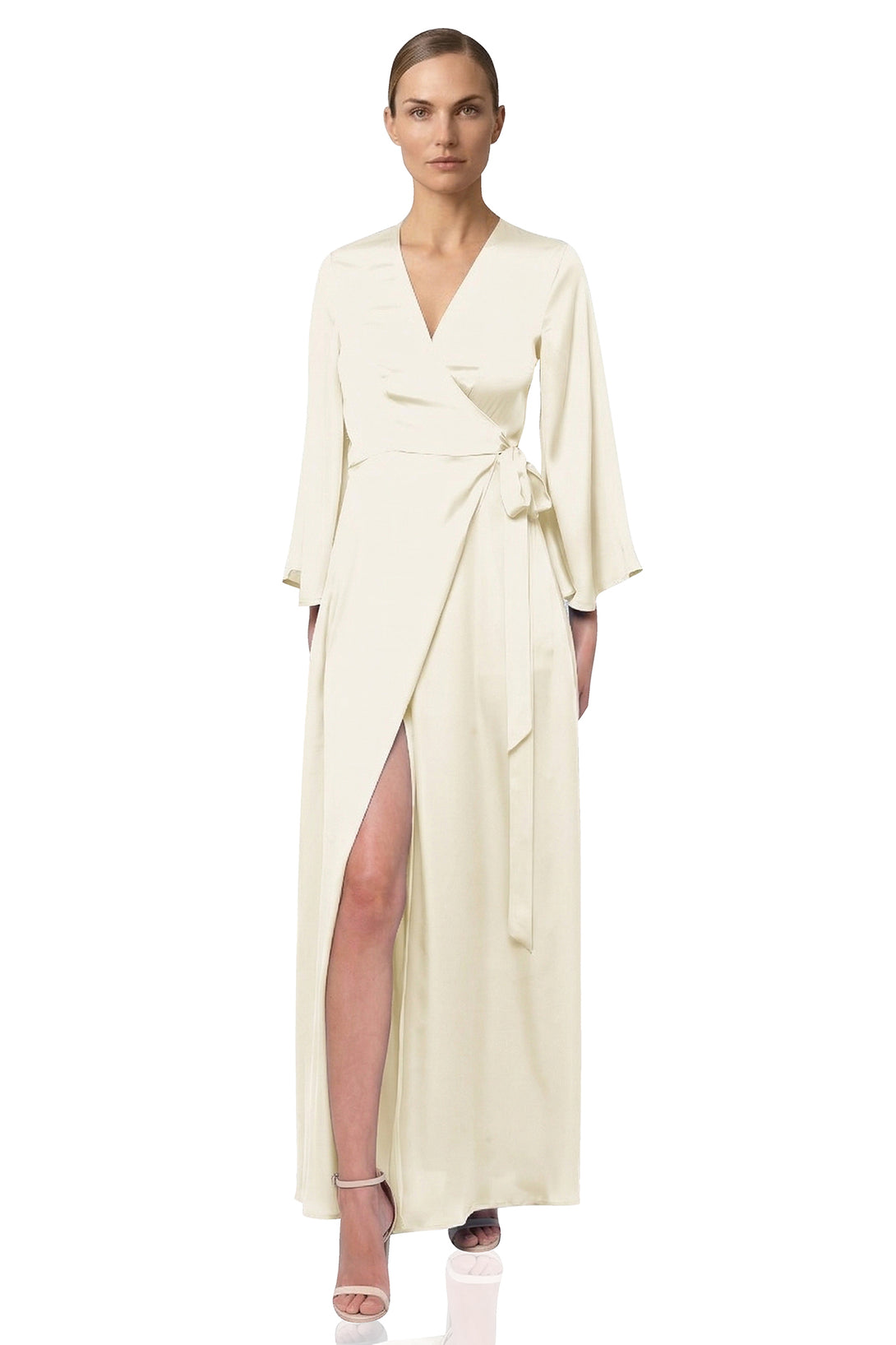ivory satin wrap dress Dakota Satin Wrap Dress: Long Sleeve Floor Length Wedding Gown