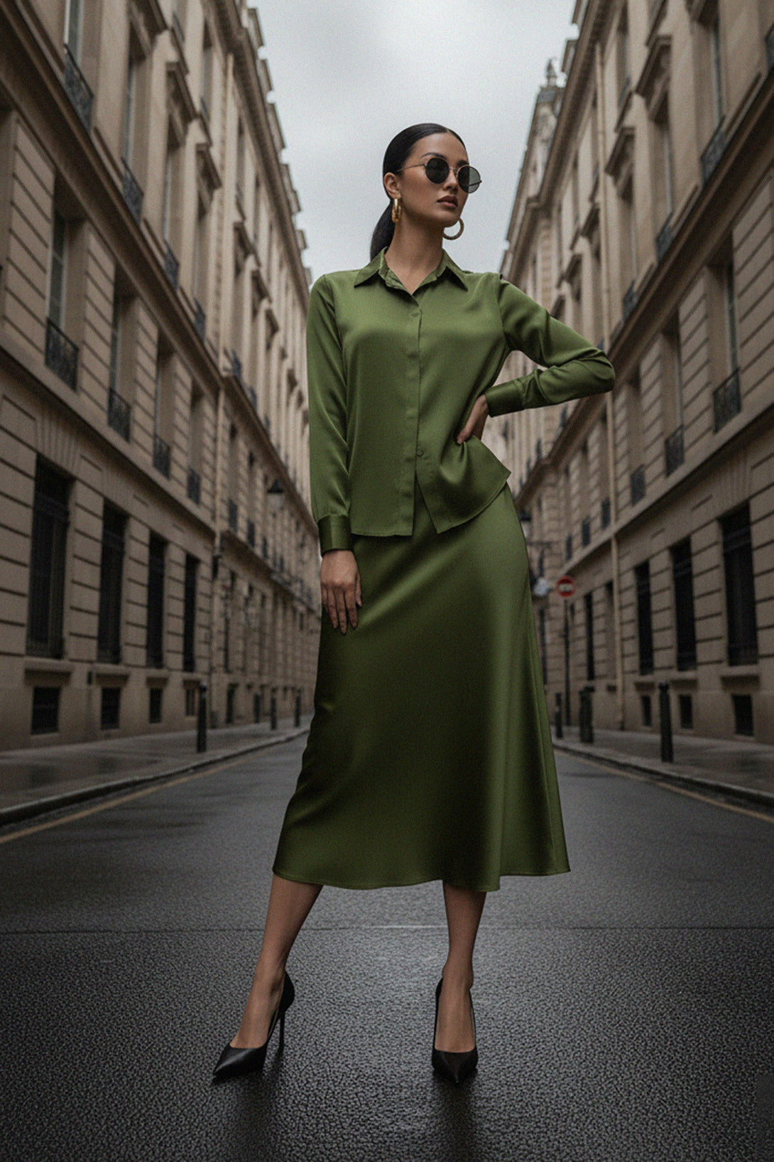 right-pose, designer-skirt, sea-kelp, silk-midi-skirt, luxury-outfit, elegant-style, Shahida-Parides, fashion-look, chic-outfit, modern-style, resort-ready, green-silk, stylish-dress