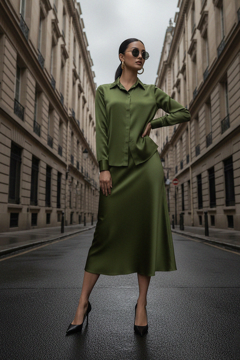 right-pose, designer-skirt, sea-kelp, silk-midi-skirt, luxury-outfit, elegant-style, Shahida-Parides, fashion-look, chic-outfit, modern-style, resort-ready, green-silk, stylish-dress