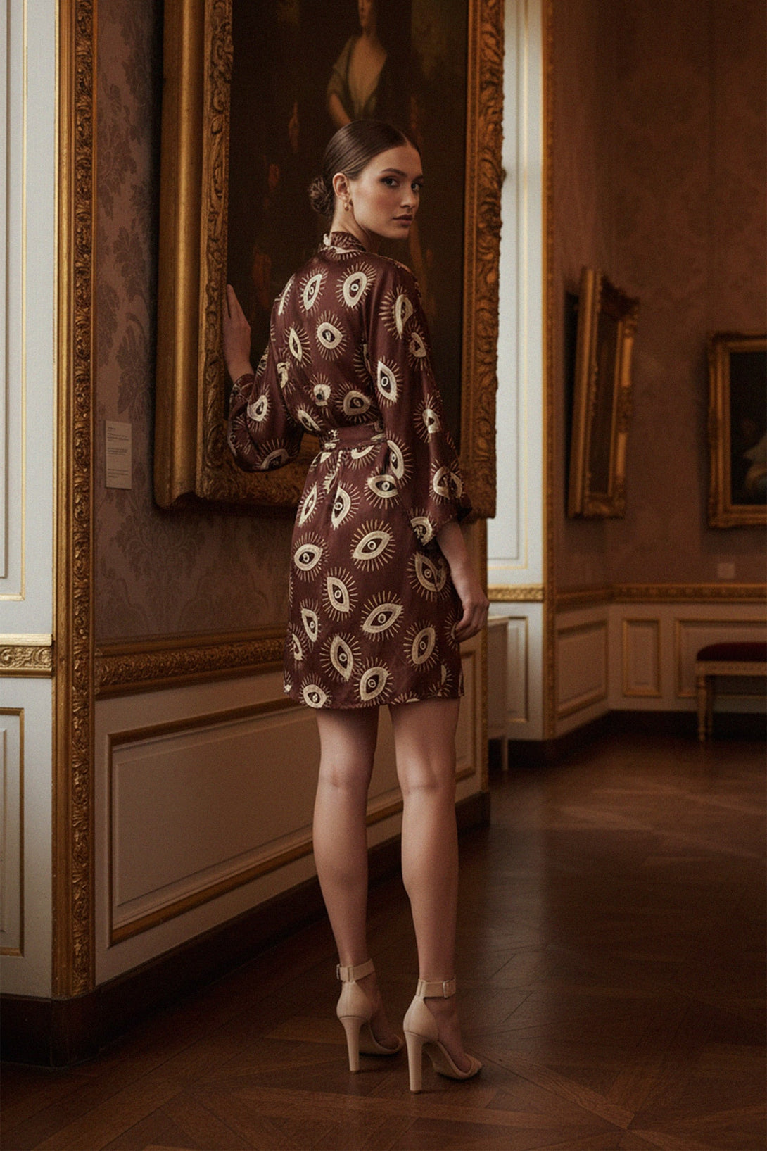 evil Eye Print Dress, Brown Satin Mini Dress, Luxury Wrap Dress for Women