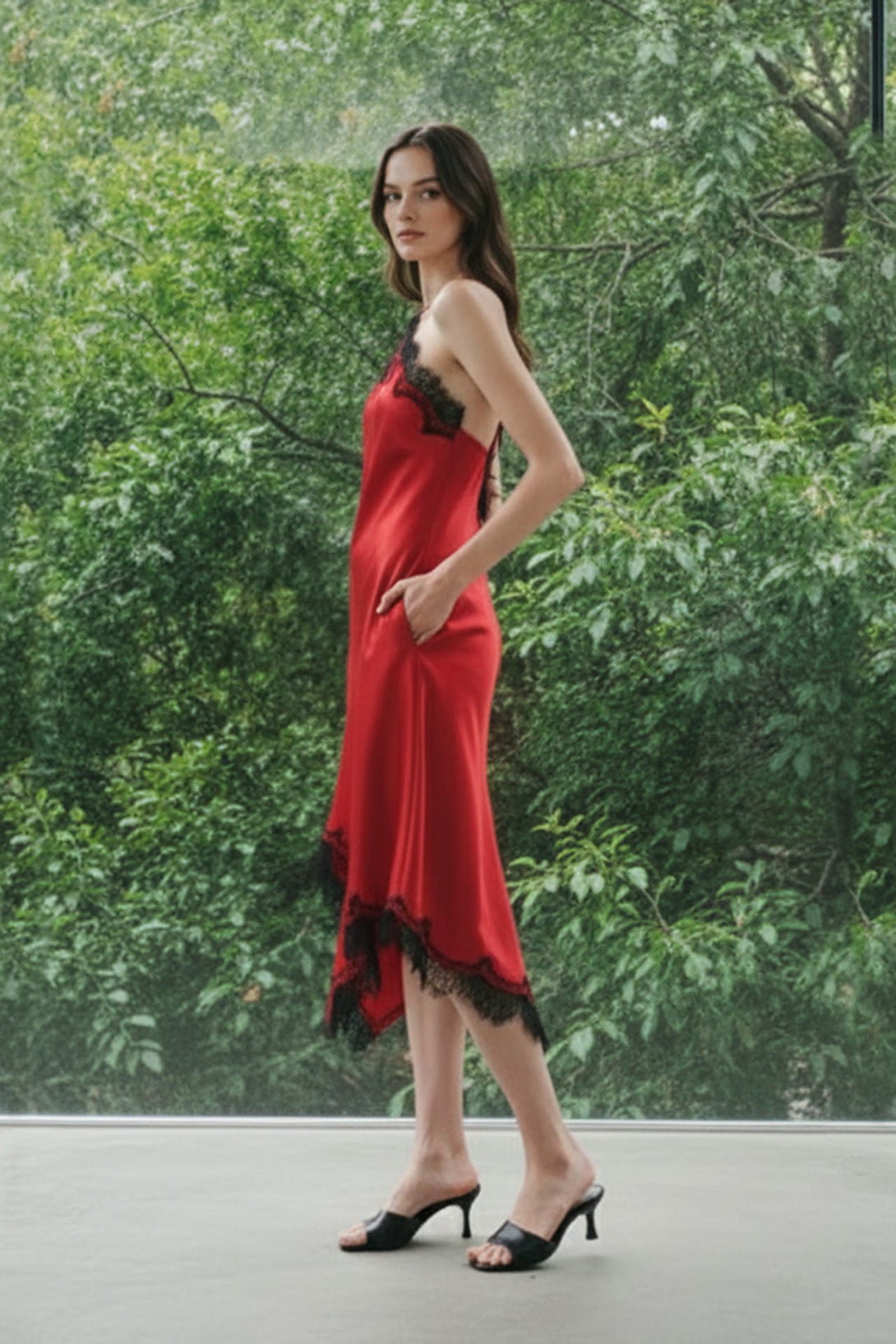 black and red slip dress Larna Satin Mini Dress in Red with Black Lace Trimming
