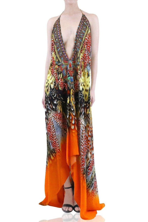  burnt orange maxi dress, long silk dress, Shahida Parides, halter maxi dress, long flowy dresses,