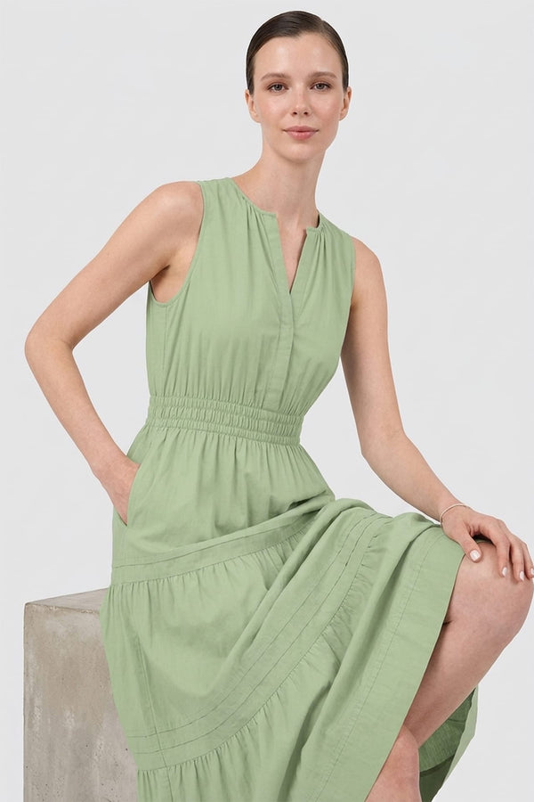 womens sage green midi dress The Short-Sleeve Puff Midi Dress