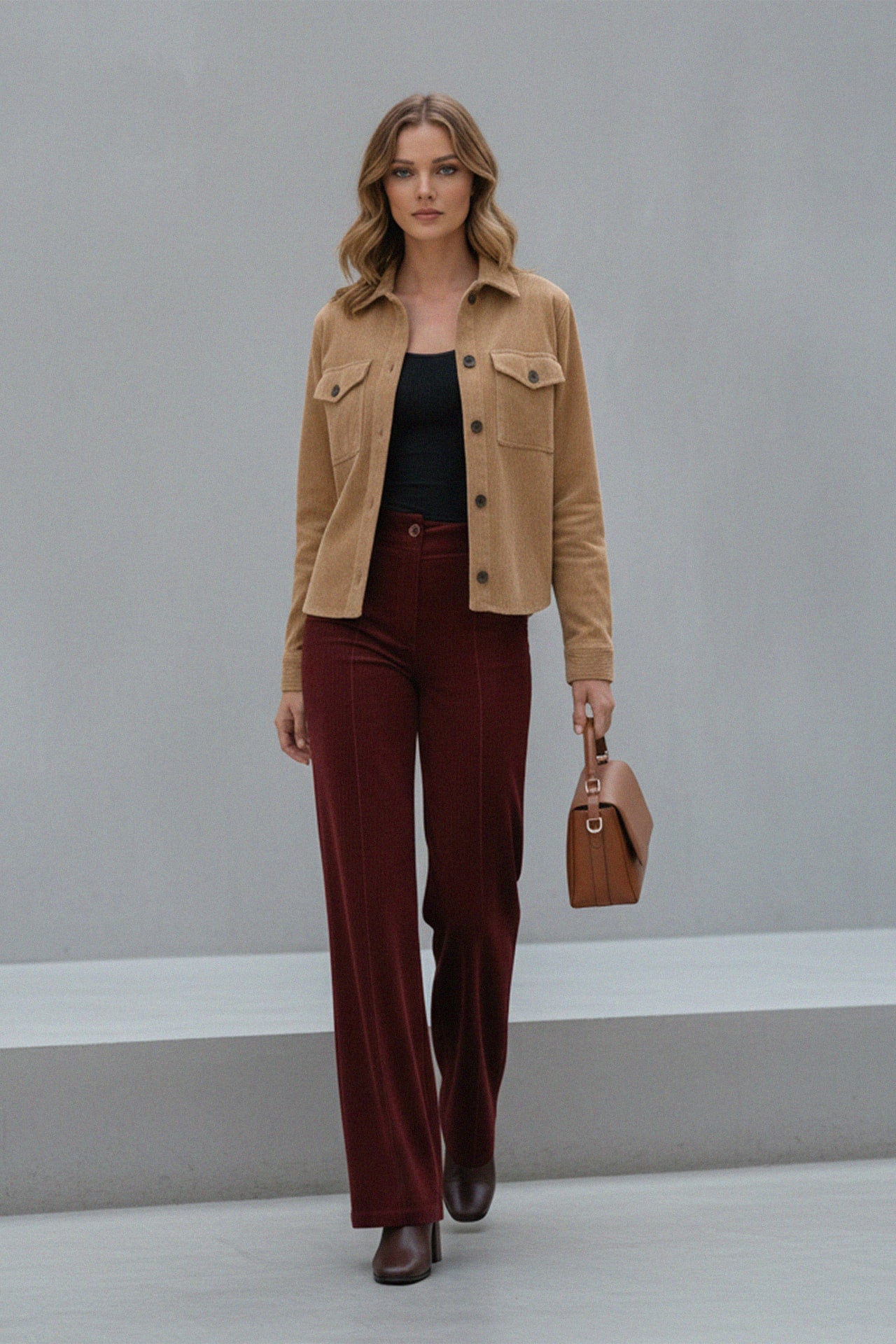 woman wearing camel jacket and burgundy wide-leg pants, shahida uae