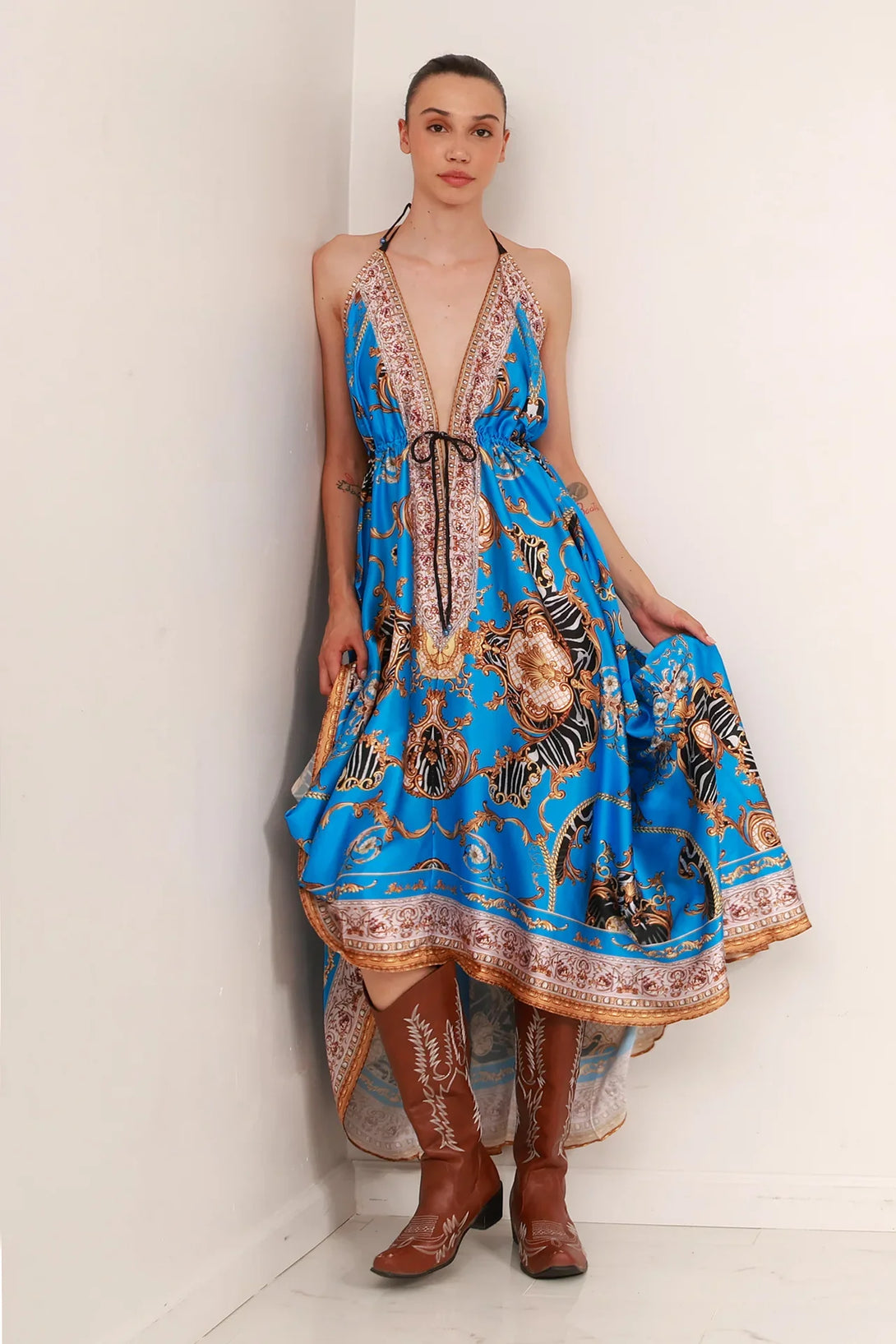Azure Blue Baroque Scarf Print Halter Maxi Dress | Shahida  Shahida Parides