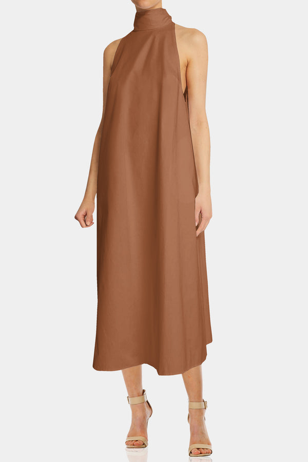 High Neck Elegant Midi Dress in Brown