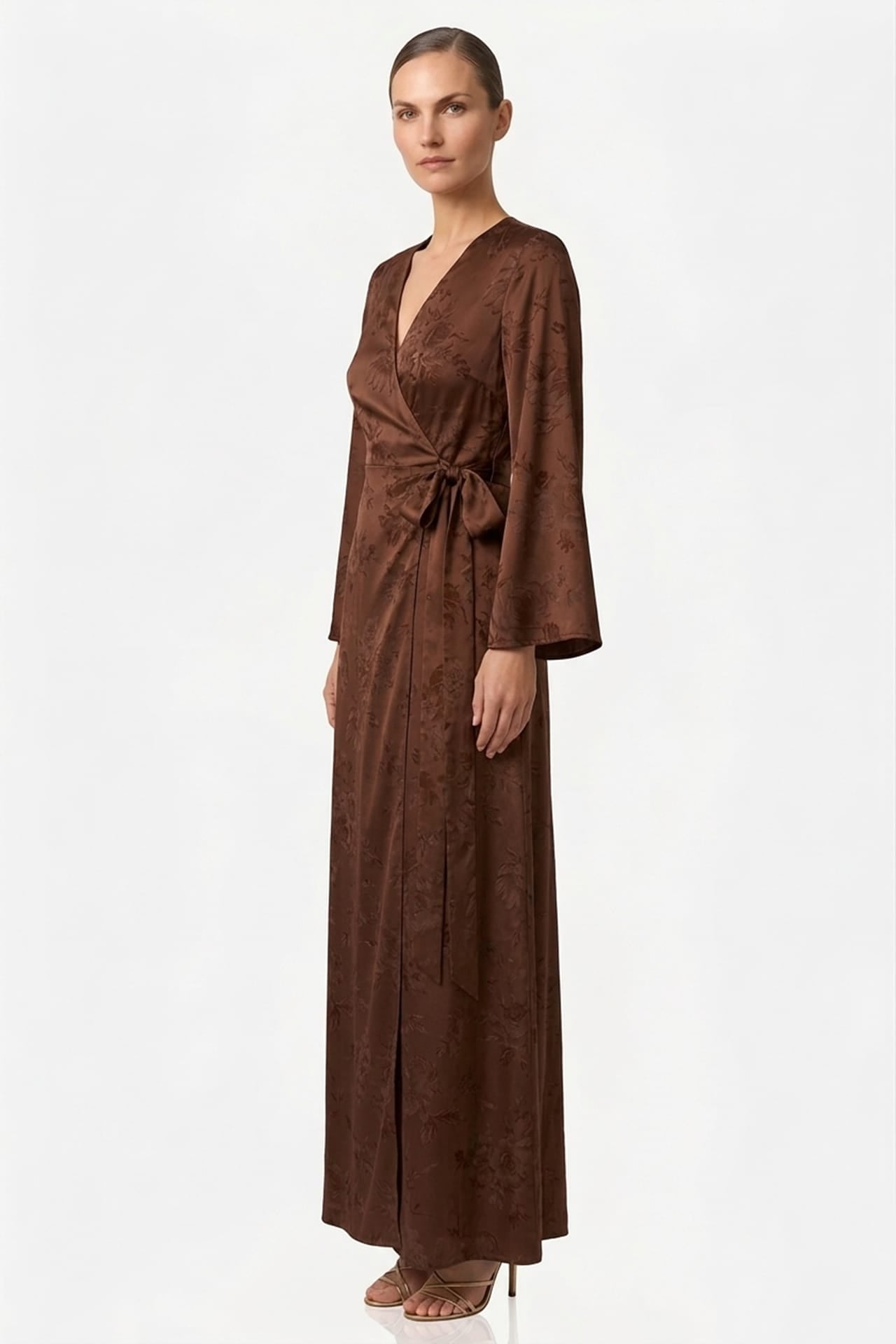 Chocolate Floral Satin Wrap Dress