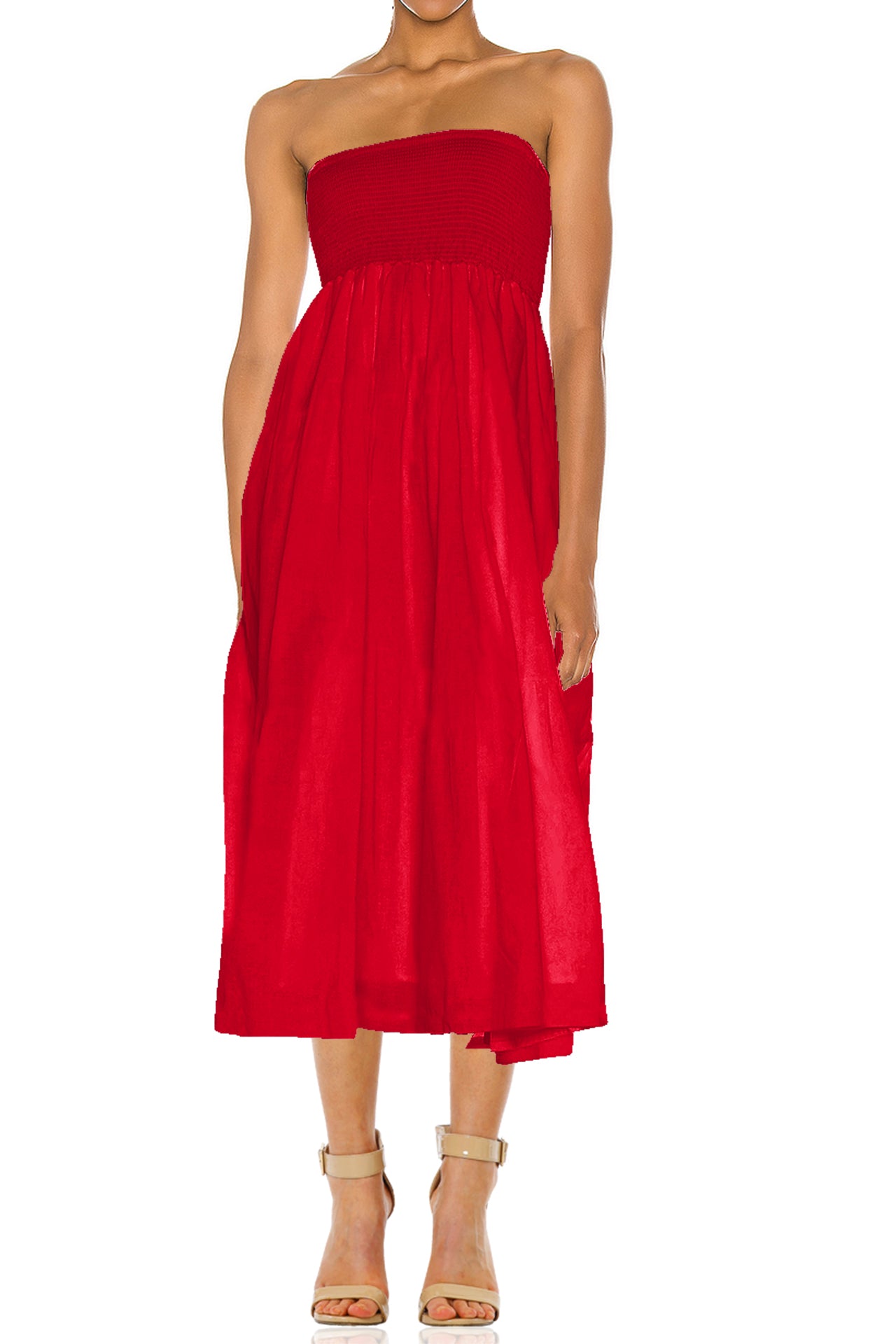 red strapless midi dress S Designer Fit & Flare Tube Red Dress