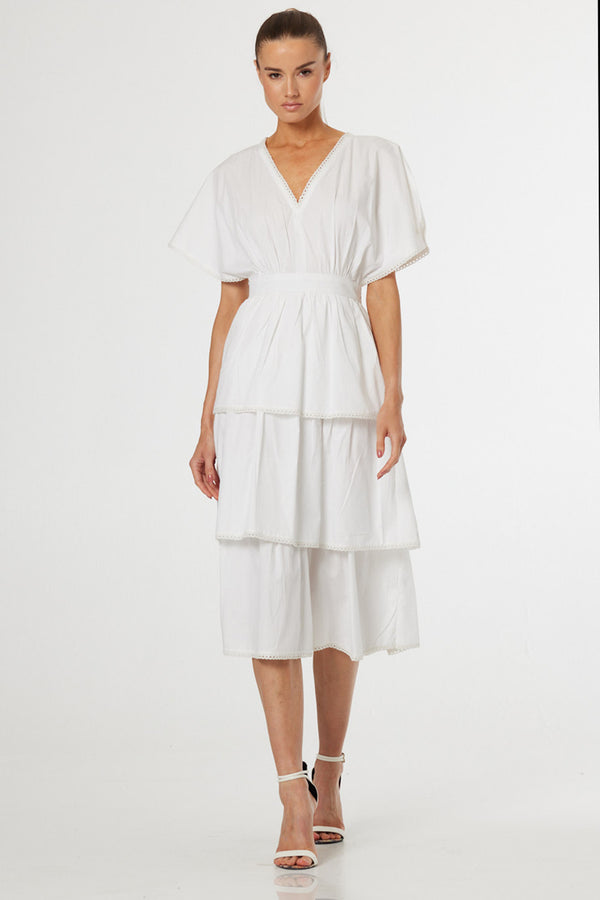 S Luxury White Tiered Midi Dress for Elegant Resort & Summer Styling