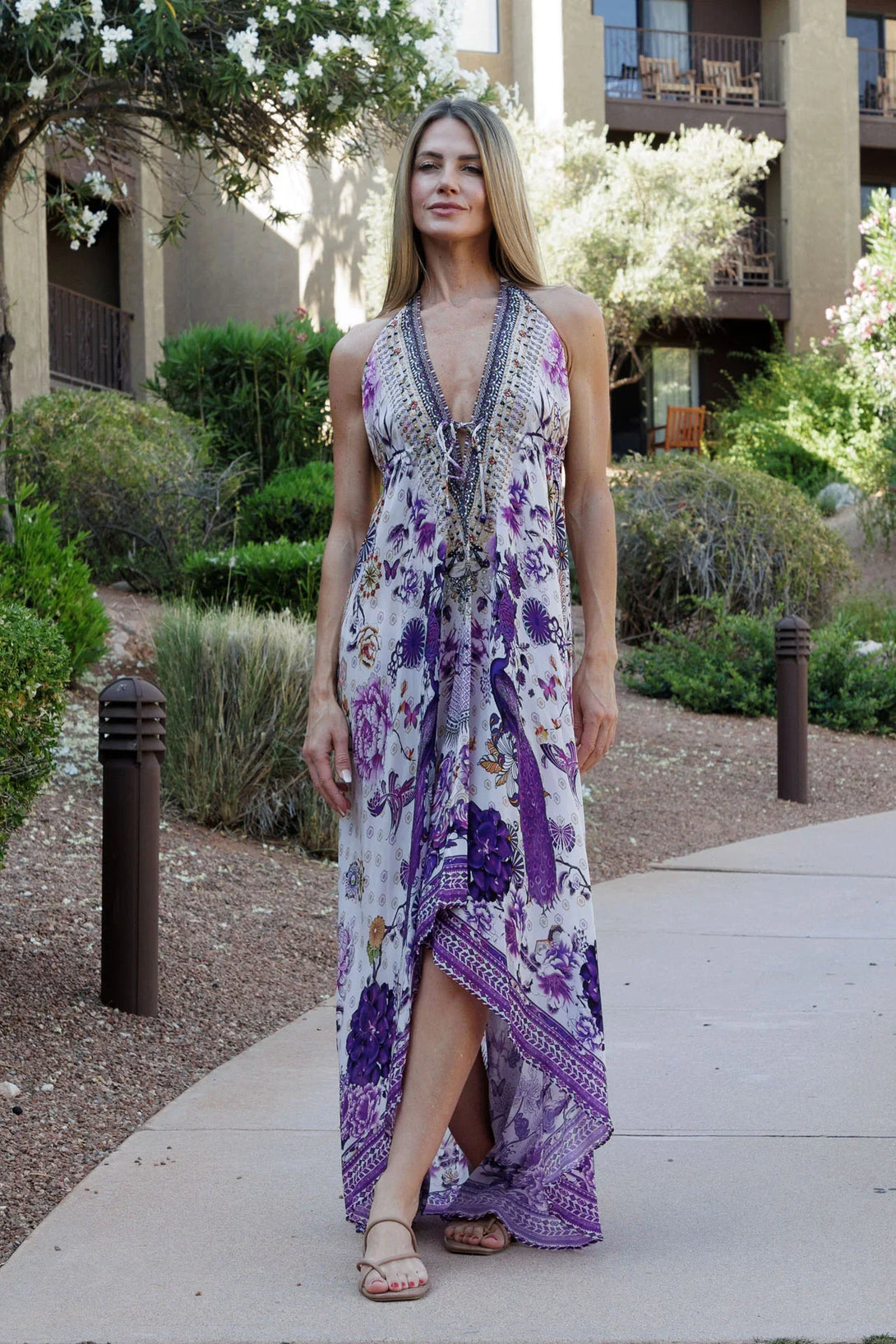 Light Purple Floral Silk Maxi Dress with Scarf Neckline