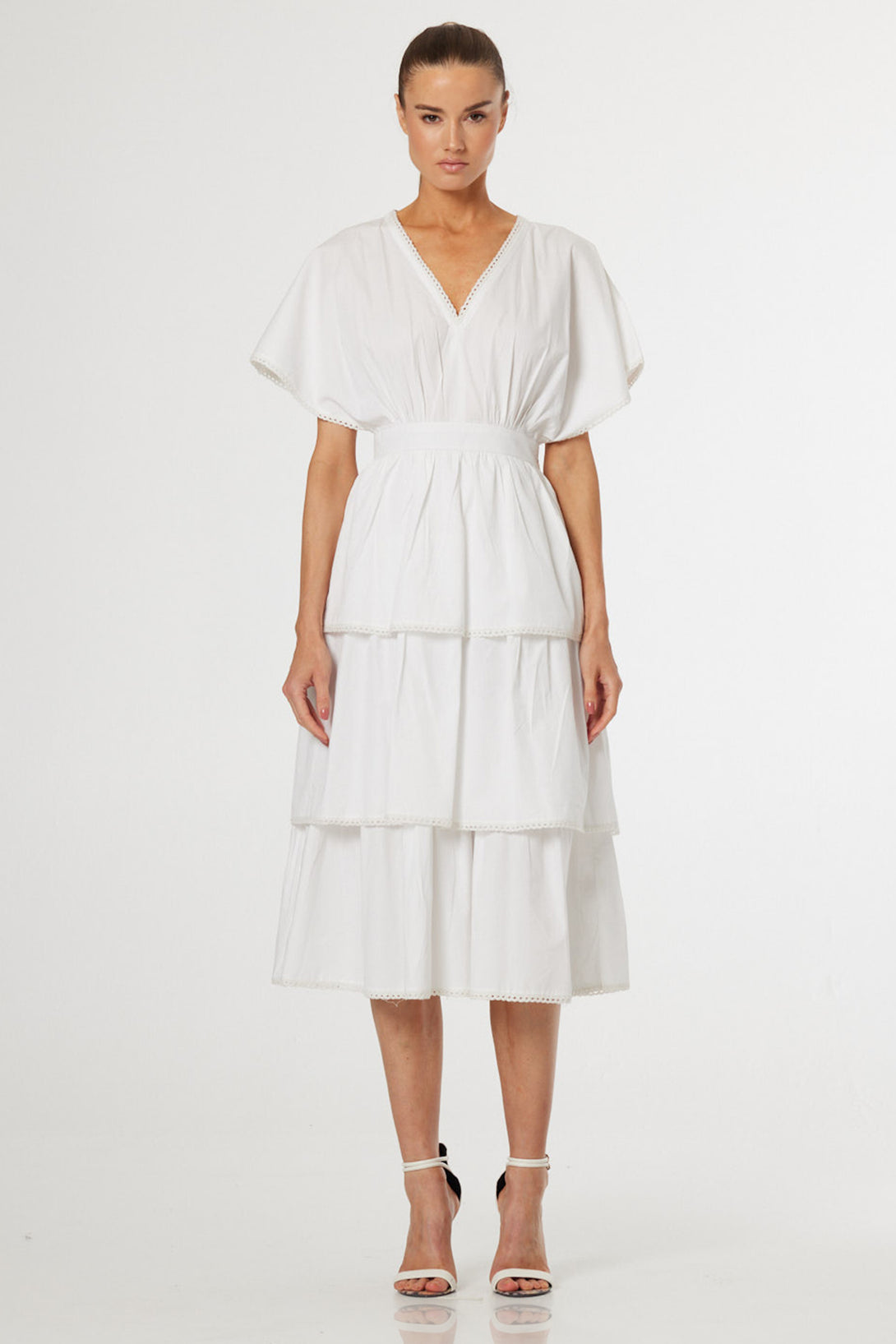 midi luxury womenswear dresses S Luxury White Tiered Midi Dress for Elegant Resort & Summer Styling