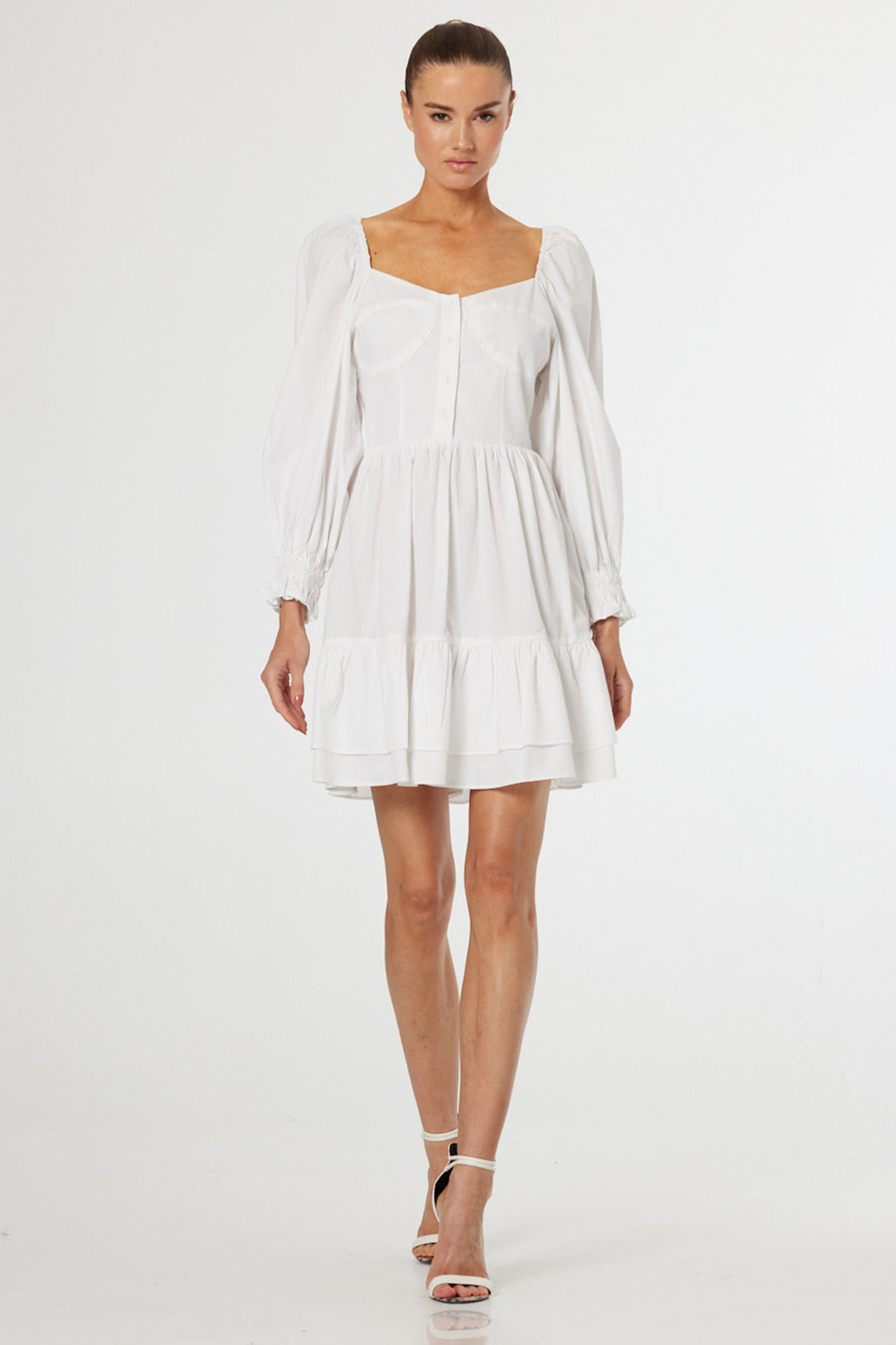 classy white mini dresses S Luxury Dress with Puff Sleeves & Feminine Tiered Hem Black essentials Size:7 1/2 Wide Minimal Stretch Model Brooke Join the #GetDressedWithMerrick Closet