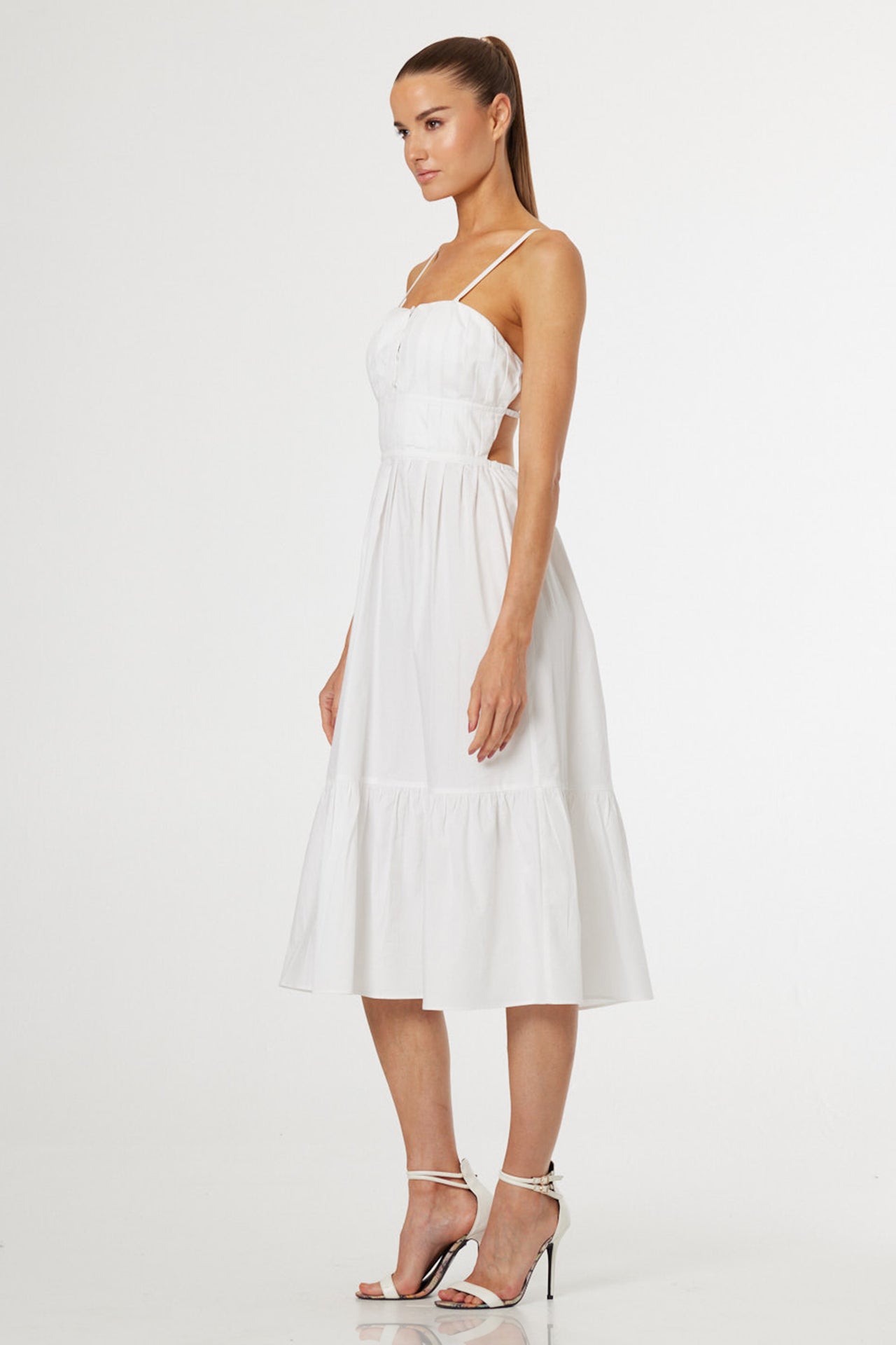 S Luxury White Cotton Midi Dress with Open Back & Feminine Tiered Silhouette
