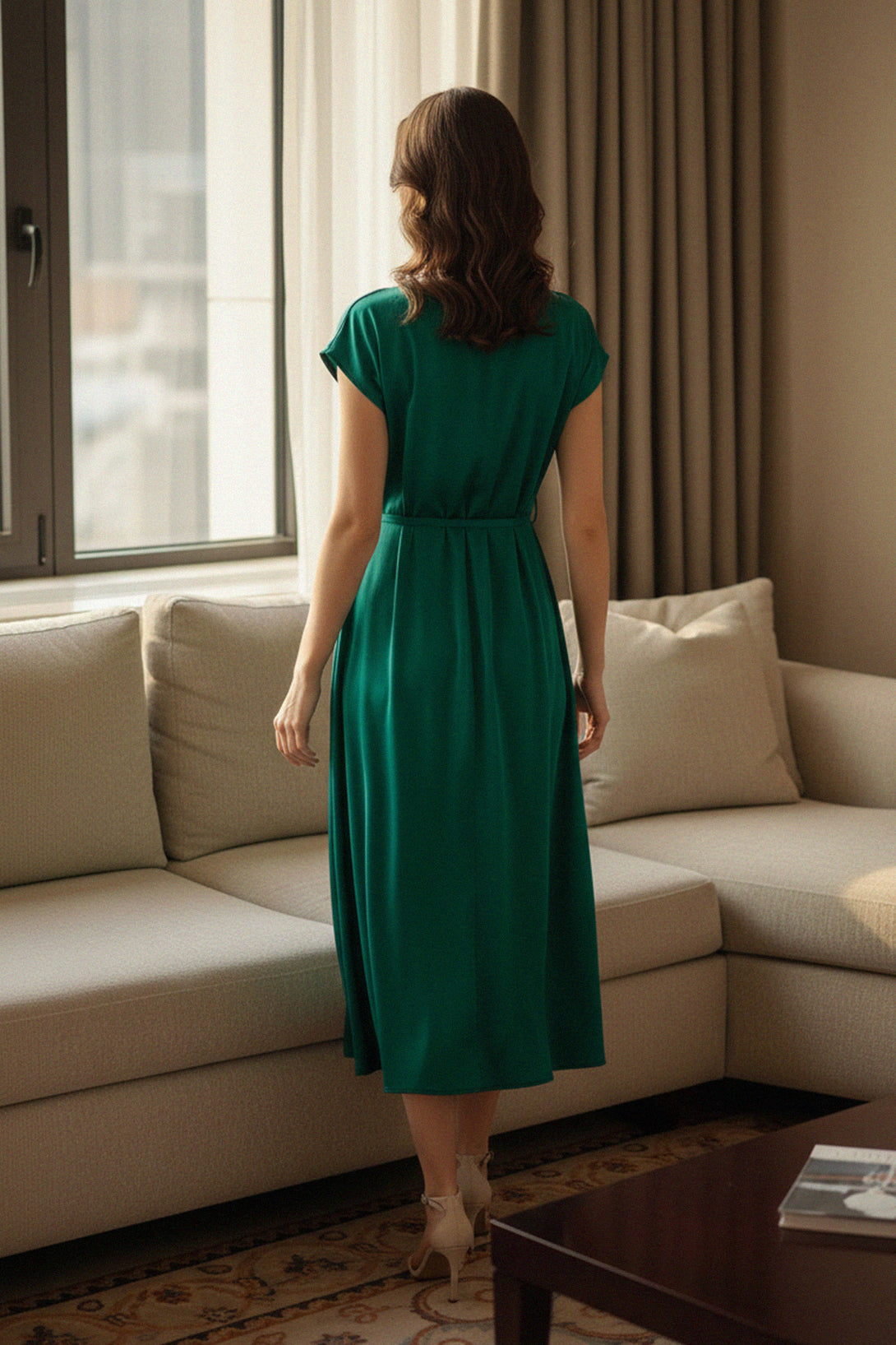 elegant back view, satin green style, belted midi dress, Shahida Parides fashion, modern luxury outfit, emerald satin wear, women’s green gown, chic satin dress, feminine midi silhouette, evening satin fashion, graceful satin flow, refined green look