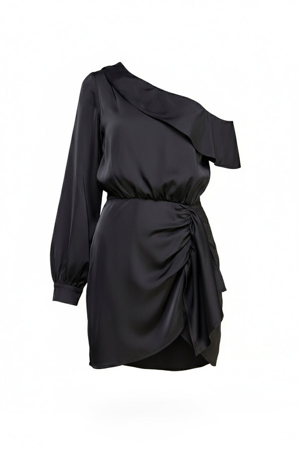 Black Designer Long Sleeve Ruffle One Shoulder Dress