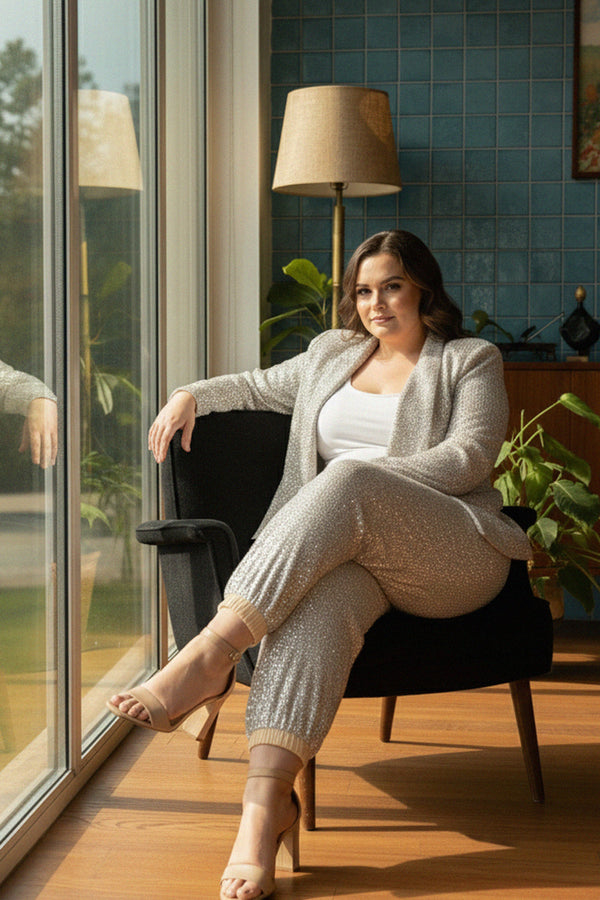 elegant sequin blazer, champagne color fashion, plus size women’s coat, sparkly formal jacket, shahida parides fashion