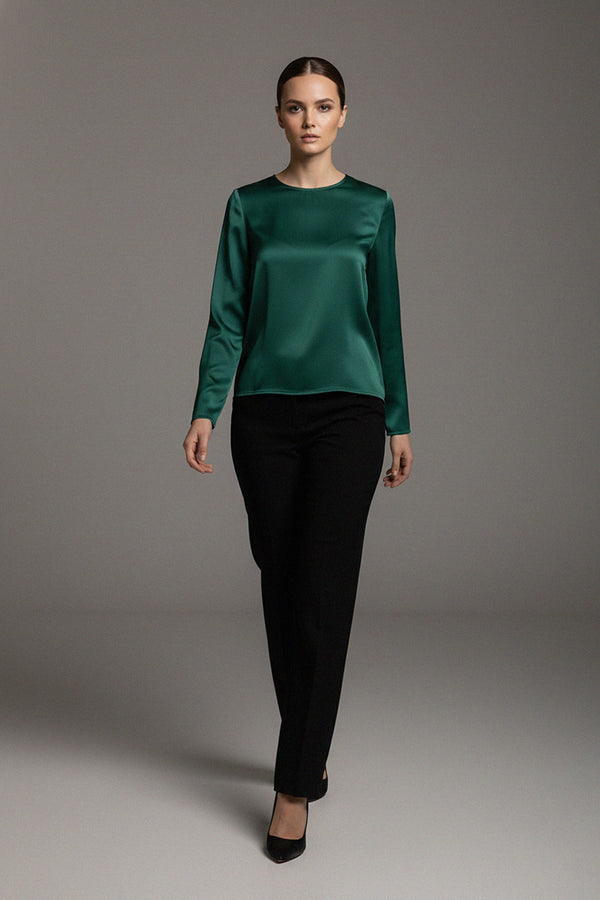 emerald green, satin top, black pants, heel shoes, modern fashion, chic style, casual outfit, Shahida Parides