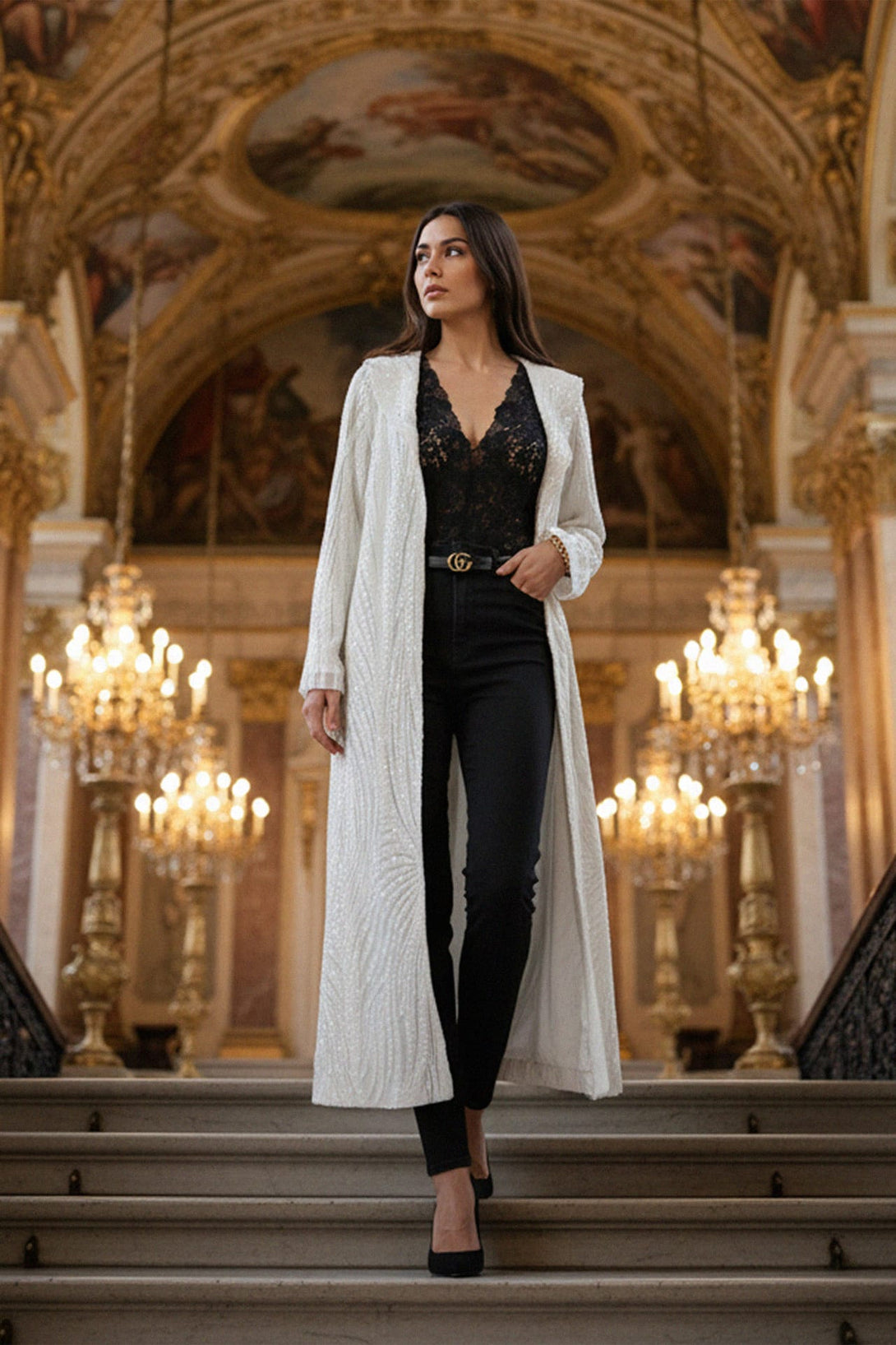 Elegant long coat, Shahida,
Designer long coat for events,