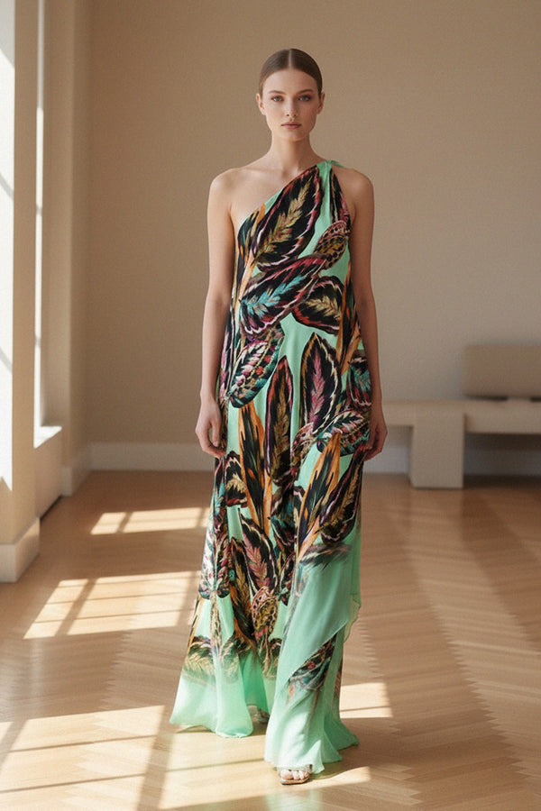 one shoulder maxi dress, mint green dress, feather print dress, formal event outfit, Shahida Parides, luxury fashion, elegant maxi dress