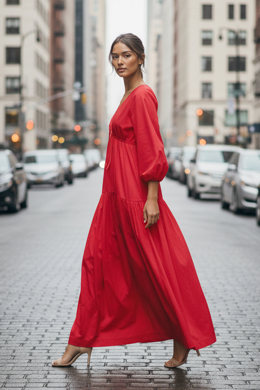 shahida parides red maxi dress, designer long dress for women, elegant evening style, luxury resort fashion, puff sleeve maxi dress, chic red long dress, stylish women’s designer gown, flowy red evening dress, couture resort wear