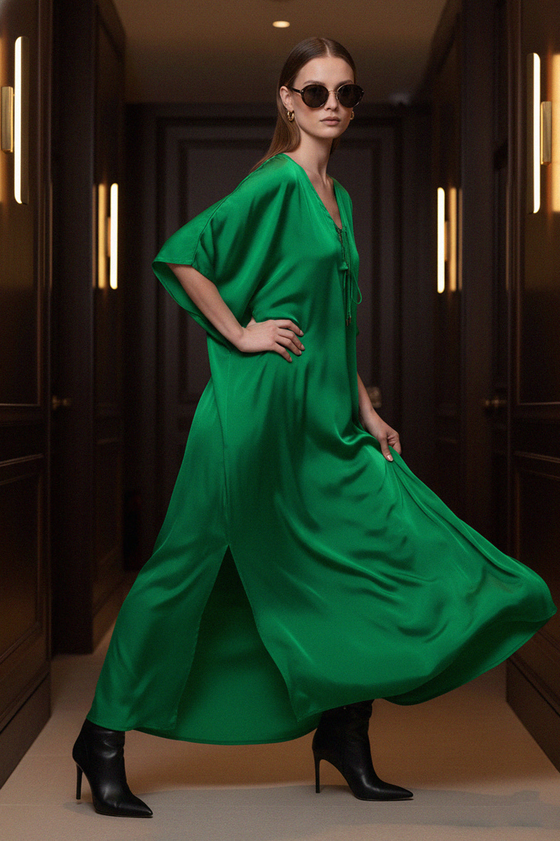 right-pose, green-silk-dress, Shahida-Parides, resort-wear, vacation-style, luxury-kaftan, chic-maxi, sophisticated-look, modern-fashion, side-slit, summer-outfit, trendy-dress, elegant-style