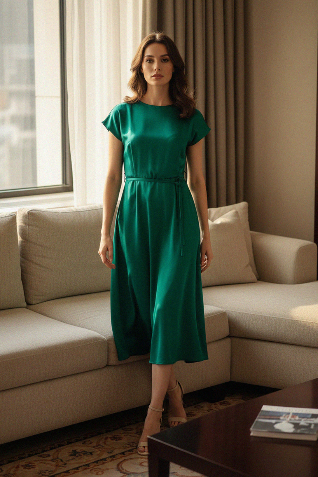 satin green dress, elegant midi dress, belted waist outfit, Shahida Parides fashion, women's evening wear, office chic dress, emerald silk dress, cap sleeve gown, luxury satin look, minimalist outfit, graceful green style, designer midi dress