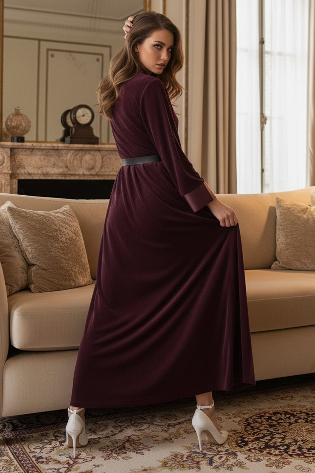 Rich velvet long jacket in open-front design, Shahida,
