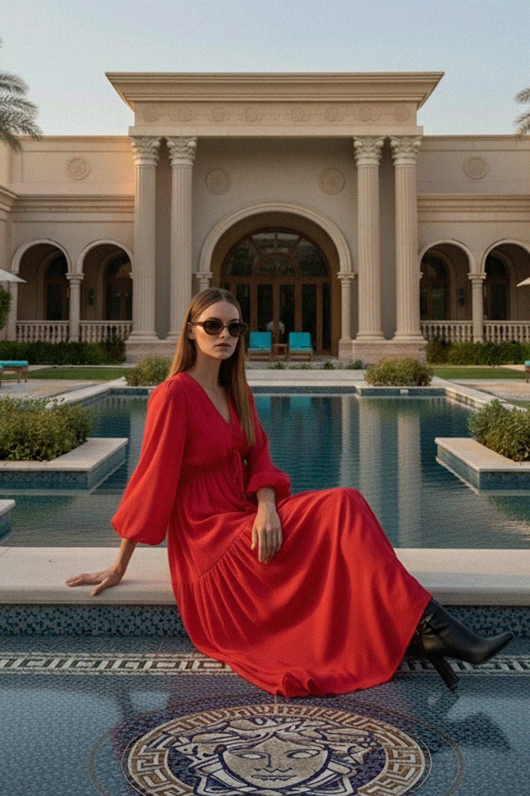 puff sleeve sitting dress, designer red dress sitting pose, elegant sitting gown, shahida parides sitting dress, red gown sitting style, luxury designer dress seated, chic sitting fashion look, elegant red dress on chair, stylish sitting outfit