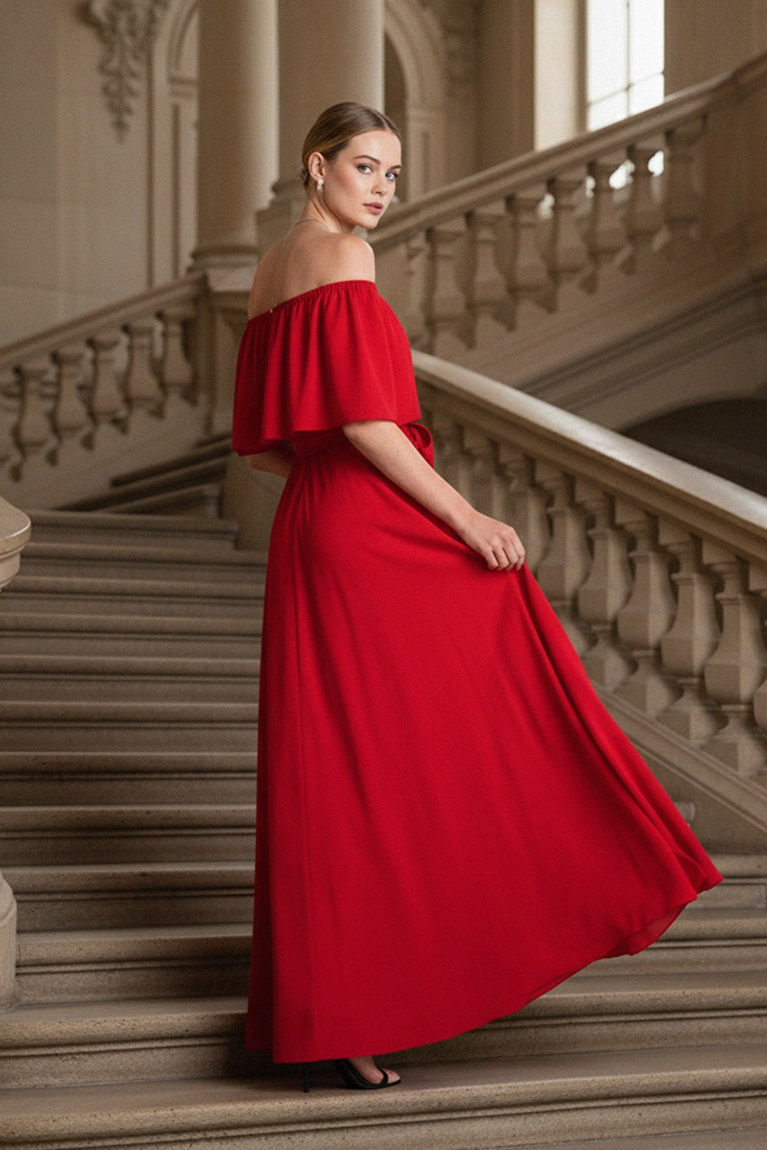 Long Flowing Red Dress for Women - Designer Off-Shoulder Maxi Dress Shahida Parides Long Flowing Red Dress for Women - Designer Off-Shoulder Maxi Dress Shahida Parides