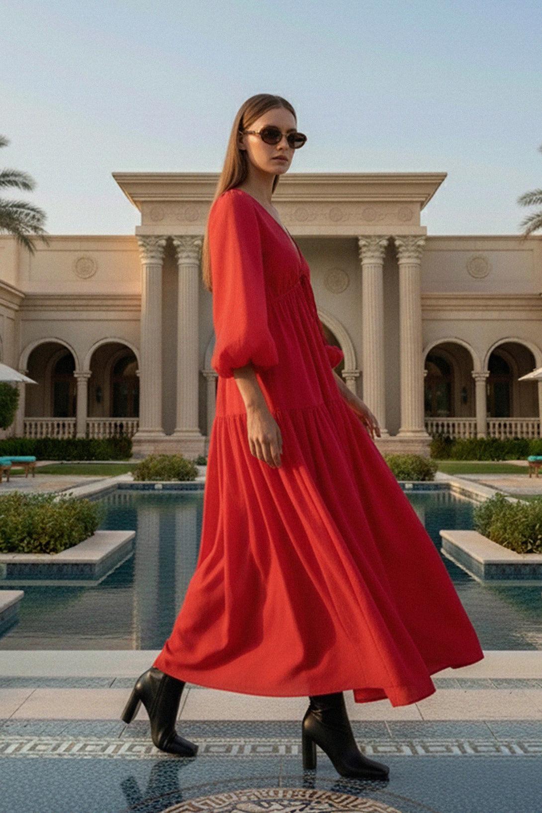 Puff Sleeve Dress, Designer Red Dress, Flowing Red Gown, Evening Red Dress, Luxury Red Dress, Formal Red Gown, Party Red Dress, Women’s Red Dress, Elegant Red Dress, Red Carpet Dress, Summer Red Dress, Cocktail Red Dress, Red Floor-Length Dress, Designer Evening Gown