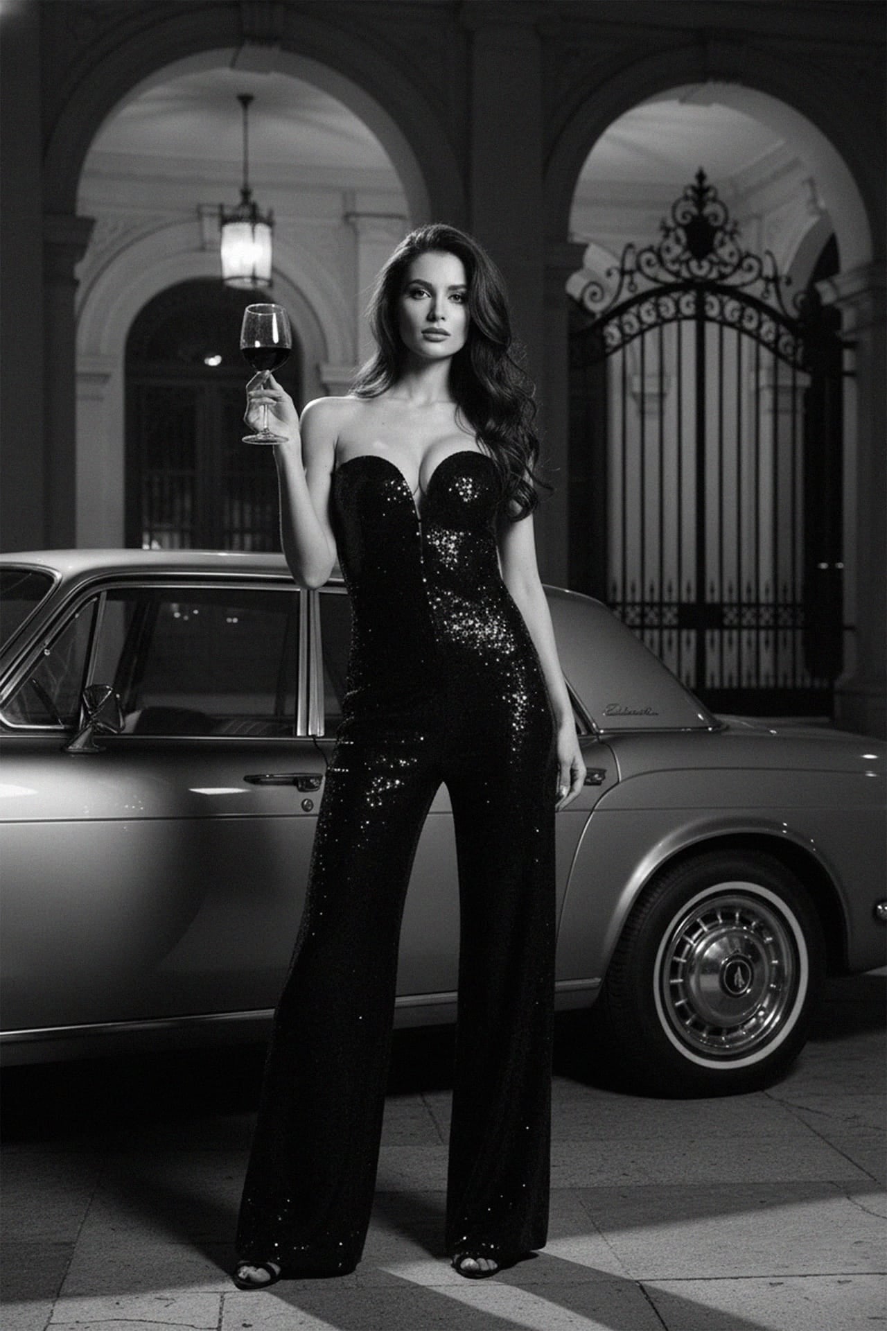 Sequin jumpsuit strapless black with modern styling, Shahida,