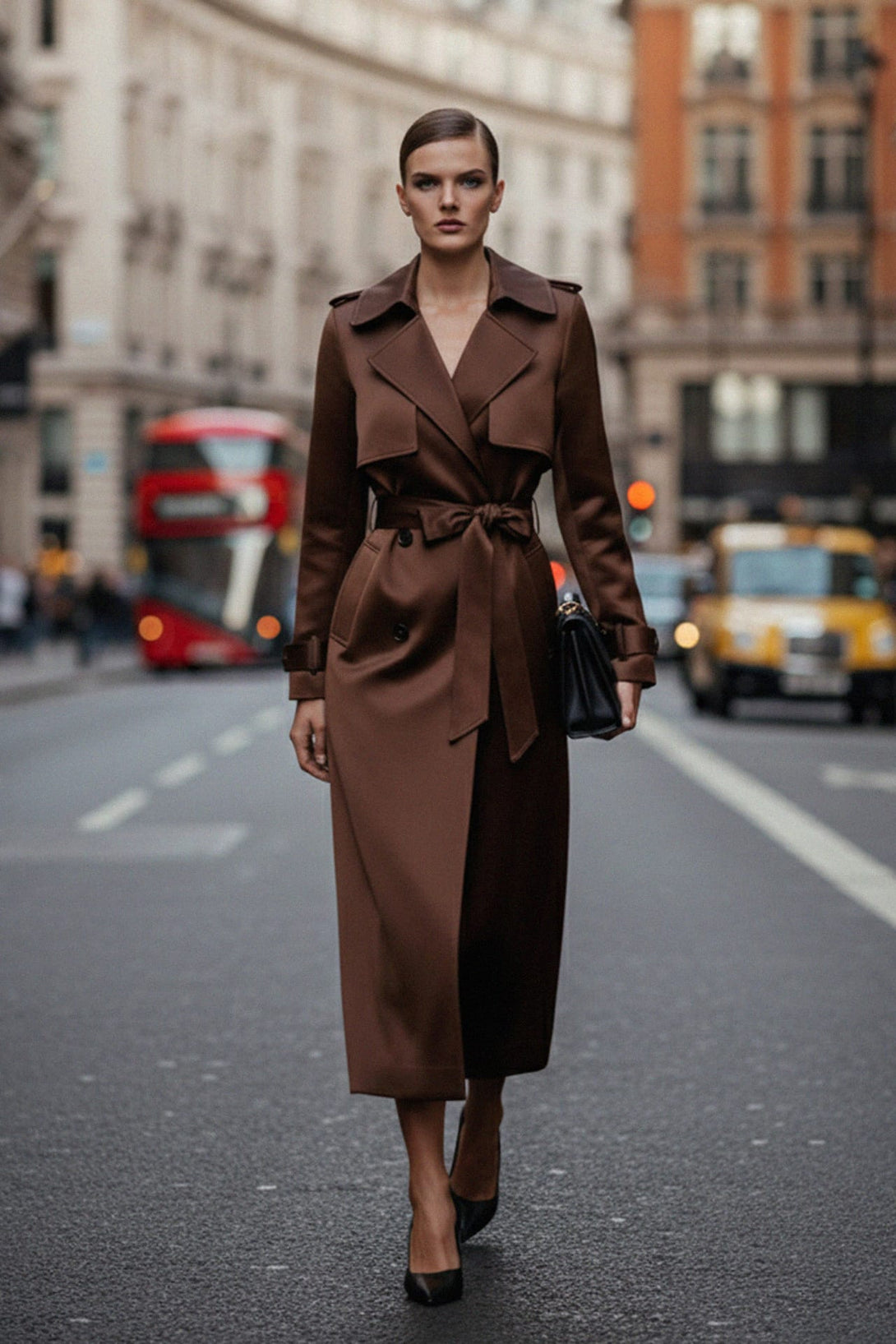 Reimagined classic satin coat with soft sheen and minimalist glamour, Shahida,